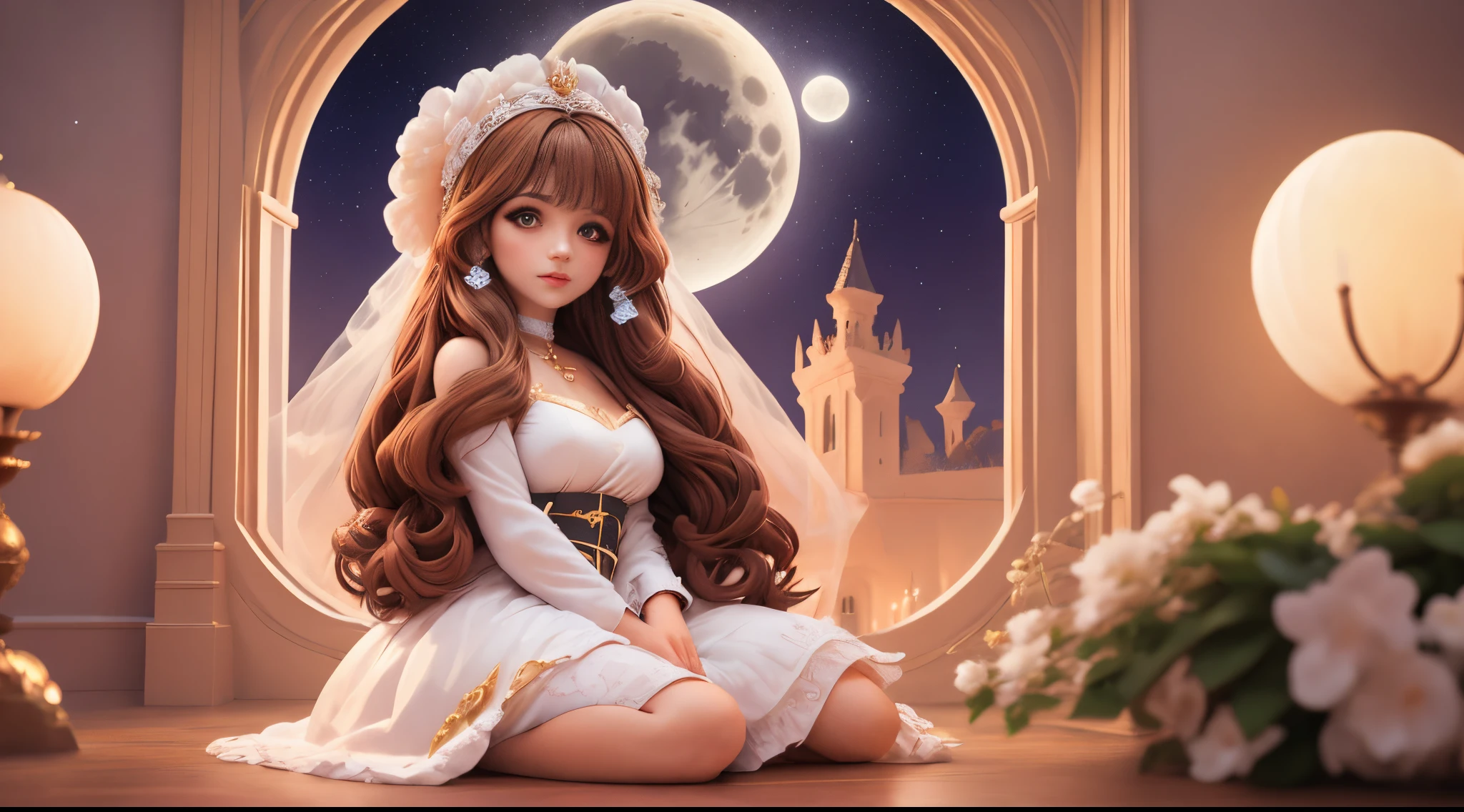 Mujer con pelo marron ojos celestes y lunar en la mejilla