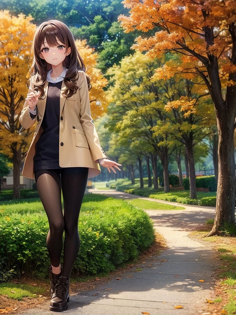 perfect anime quality, digital painting, 64k, beautiful scenery, perfect face, close-up painting, wavy brown hair, hazel eyes, jacket, walking, anime girl, sidewalk, autumn, road, happy, trees, close-up image