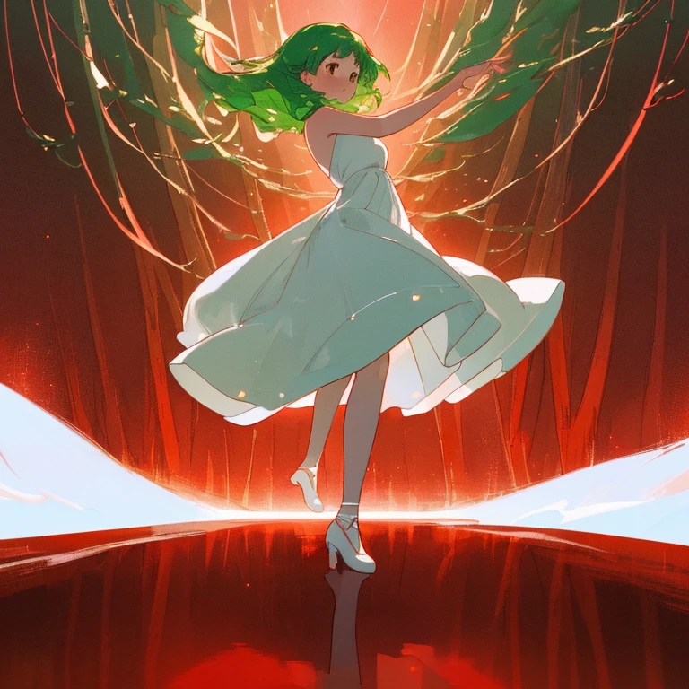 (best quality,high resolution:1.2), enchanting young girl, wearing a white dress, gracefully dancing under the night sky, vibrant red background surrounding a forest scene, full-length view, legs exposed, looking directly at the camera, (full body), front view, cinematic depth of field, green hair, brown eyes