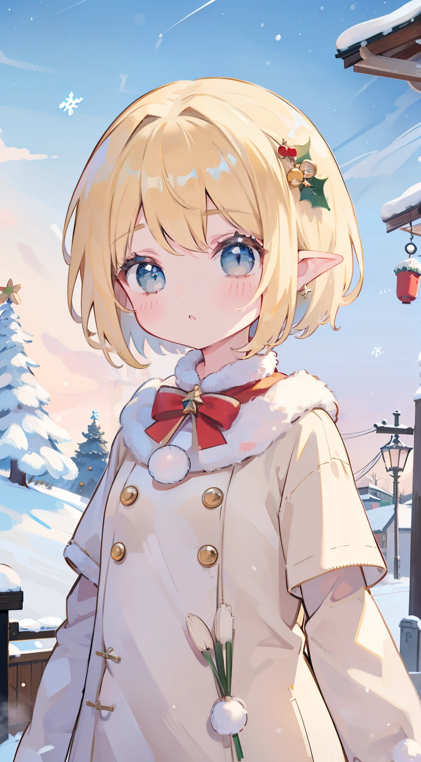 One girl、a blond、Short bob hair、cute little、small tits、Elven ears、masterpiece、top-quality、Top image quality,snowscape,Christmas,Santa Clothes