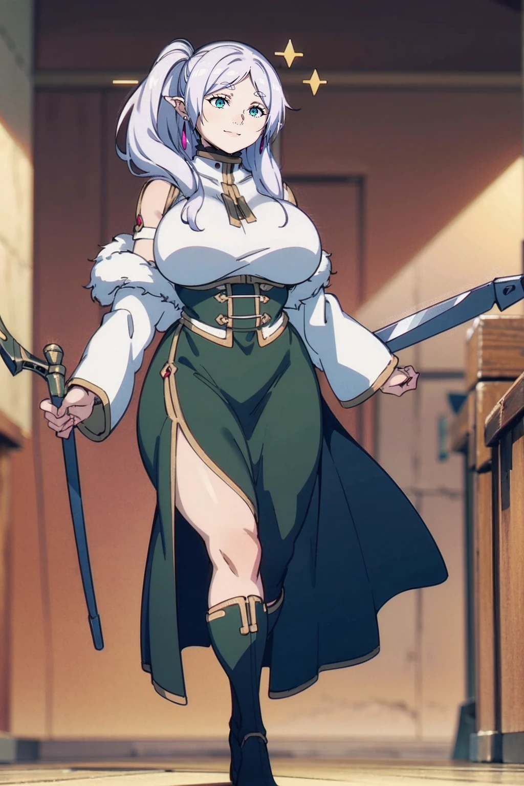 1girl,solo,elf,white hair,grey hair,earrings,pointy ears,long hair,ponytail,green eyes,twintails,parted bangs,thick eyebrows,,, holy magicalgirl, , holy haura, halo, smile, joyfull, paladin, sword holding, full body , boots, standing,cute,breast, curvy, female,fantasy goddess,there is a cartoon picture of a woman with a very large breast, glowing angelic being, glowing holy aura, inspired by Luma Rouge, the non-binary deity of spring, ethereal rainbow nimbus, the butterfly goddess of fire, inspired by Mariel, glowing aura around her, astral fairy, as the goddess of the sun, “uwu the prismatic person, big breast, serious, beautiful eyes, , full body, walking, long robe, long dress, ,priestess ,holy, smile, god rays, ray tracing, sparkle, cinematic lighting, UHD, retina, masterpiece, ccurate, anatomically correct, textured skin, super detail, high details, high quality, award winning, best quality, highres, 1080P, HD, 4K, thunder aura, light aura,full, staff holding, determined, long sleevess