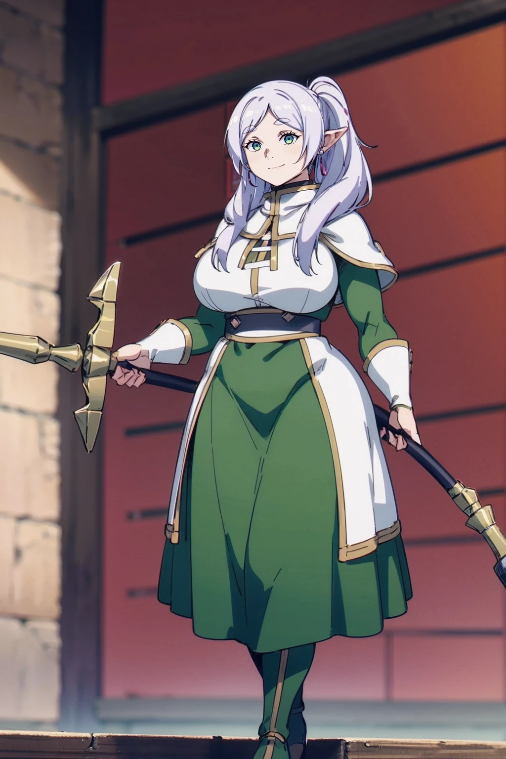 1girl,solo,elf,white hair,grey hair,earrings,pointy ears,long hair,ponytail,green eyes,twintails,parted bangs,thick eyebrows,,, holy magicalgirl, , holy haura, halo, smile, joyfull, paladin, sword holding, full body , boots, standing,cute,breast, curvy, female,fantasy goddess,there is a cartoon picture of a woman with a very large breast, glowing angelic being, glowing holy aura, inspired by Luma Rouge, the non-binary deity of spring, ethereal rainbow nimbus, the butterfly goddess of fire, inspired by Mariel, glowing aura around her, astral fairy, as the goddess of the sun, “uwu the prismatic person, big breast, serious, beautiful eyes, , full body, walking, long robe, long dress, ,priestess ,holy, smile, god rays, ray tracing, sparkle, cinematic lighting, UHD, retina, masterpiece, ccurate, anatomically correct, textured skin, super detail, high details, high quality, award winning, best quality, highres, 1080P, HD, 4K, thunder aura, light aura,full, staff holding, determined, long sleevess