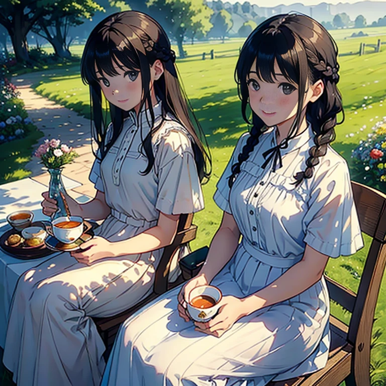 (Watercolor in Sargent style)、(top-quality、​masterpiece)、Soft light、View of the Cotswolds,Old farmhouse、rivulets、place々flower bloom、Create an ethereal scene in a calm morning misty meadow。Draw delicate and blurry brushwork、Enhance the serene atmosphere of the countryside、(two womens)、、Woman with dark hair、Short black hair、Braided hair、美丽的面容、kindly smile、tiny chest、White blouse and long skirt、picnic、tea set、drinking a cup of tea、