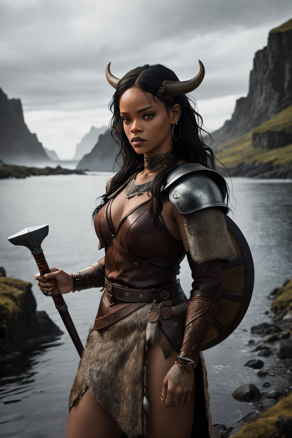 "Generate an AI-powered artwork that envisions Rihanna as a powerful Viking warrior, embodying strength, ferocity, and regal prowess. Picture her in intricately detailed Viking armor, blending elements of traditional Norse design with modern flair. Envision her wielding a formidable weapon, standing proudly against a rugged Nordic landscape. Capture the determination and fierceness in her gaze, reflecting both the spirit of a warrior and Rihanna's charismatic presence. Use a bold and earthy color palette to convey the rugged authenticity of a Viking setting. The final image should be a visually striking fusion of Rihanna's contemporary allure and the legendary strength of a Viking warrior."