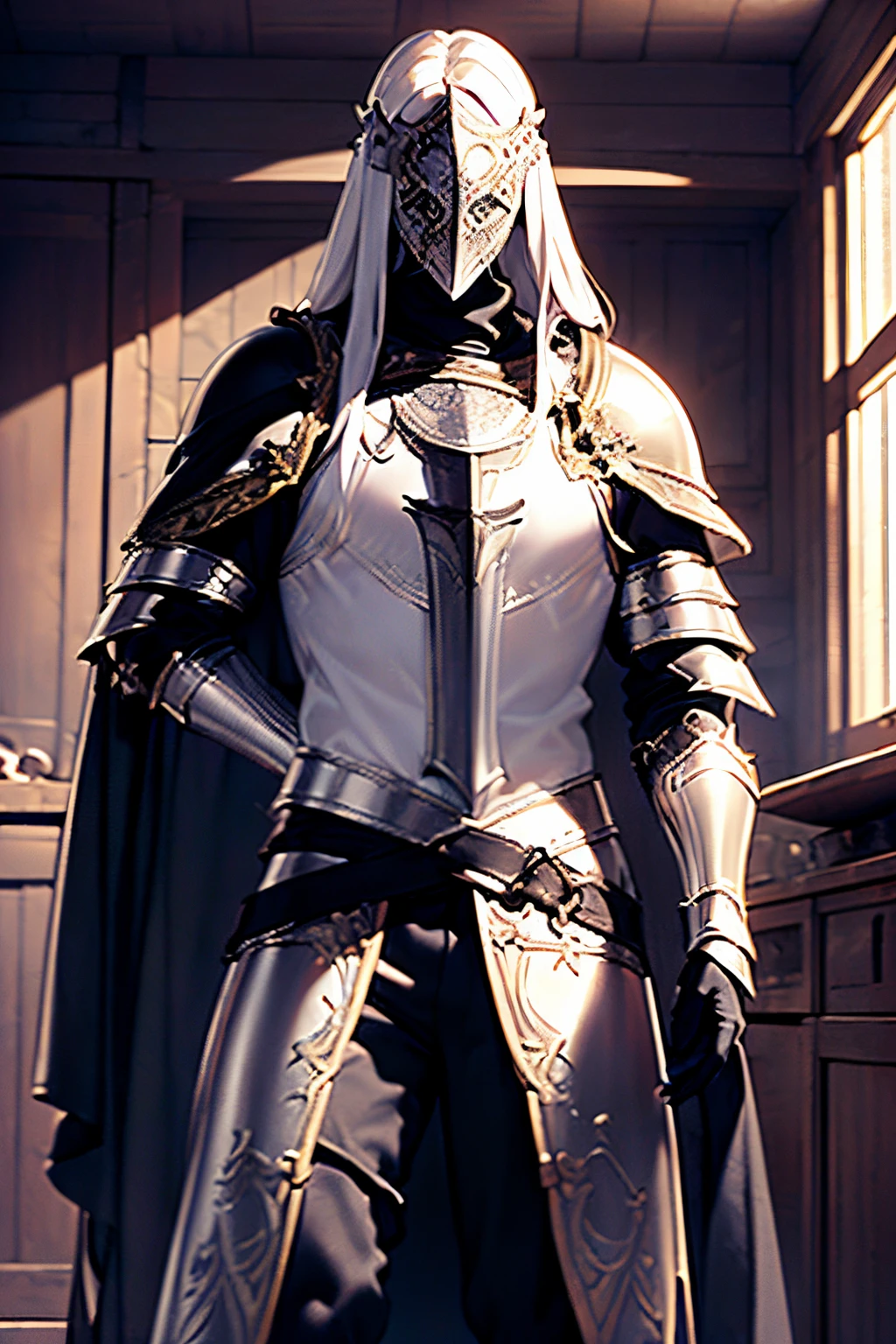 Draw lines and scenes without colors and shadows, Detailed, intricate detials, 4k, (portraite of a), ((beste-Qualit, hight resolution, ultradetailed), bright colours, ((((1 male)))), grown up, tall muscular guy, wide shoulders, Fantasy, dnd, Aasimar, person, the angel of death, black wings, Metal mask, Mask-mask, ((face mask)), Mask on the whole face, Hides Eyes, hides the face, White long hair, white colored hair, slick hair, straight hair, Chain mail, chain mail armor, Fantasy armor, cinematic composition, Creating an atmospheric atmosphere, knight, paladin, PaladinOathbreaker, Gothic armor, Full-length portrait of a mysterious knight, Wearing heavy armor, pale skin, macabre, Gloomy design, Has red smoke and aura, evil knight, Fallen Knight, eldritch, Creepy, nightmarish, Epic Angel Wings, light around the head, red torn cloak, Additional lighting, whitebackground, Covering your eyes, Close your eyes