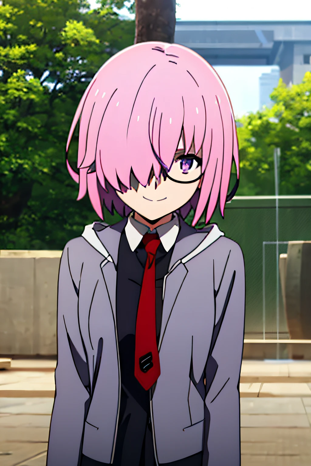 1girl, solo, upper body, facing viewer, looking at viewer, smile, Mash, anime lineart, 1girl, short hair, pink hair, purple eyes, hair over one eye, purple hair, dress, jacket, pantyhose, open clothes, necktie, glasses, hood, black dress, open jacket, black pantyhose, red necktie, grey jacket,