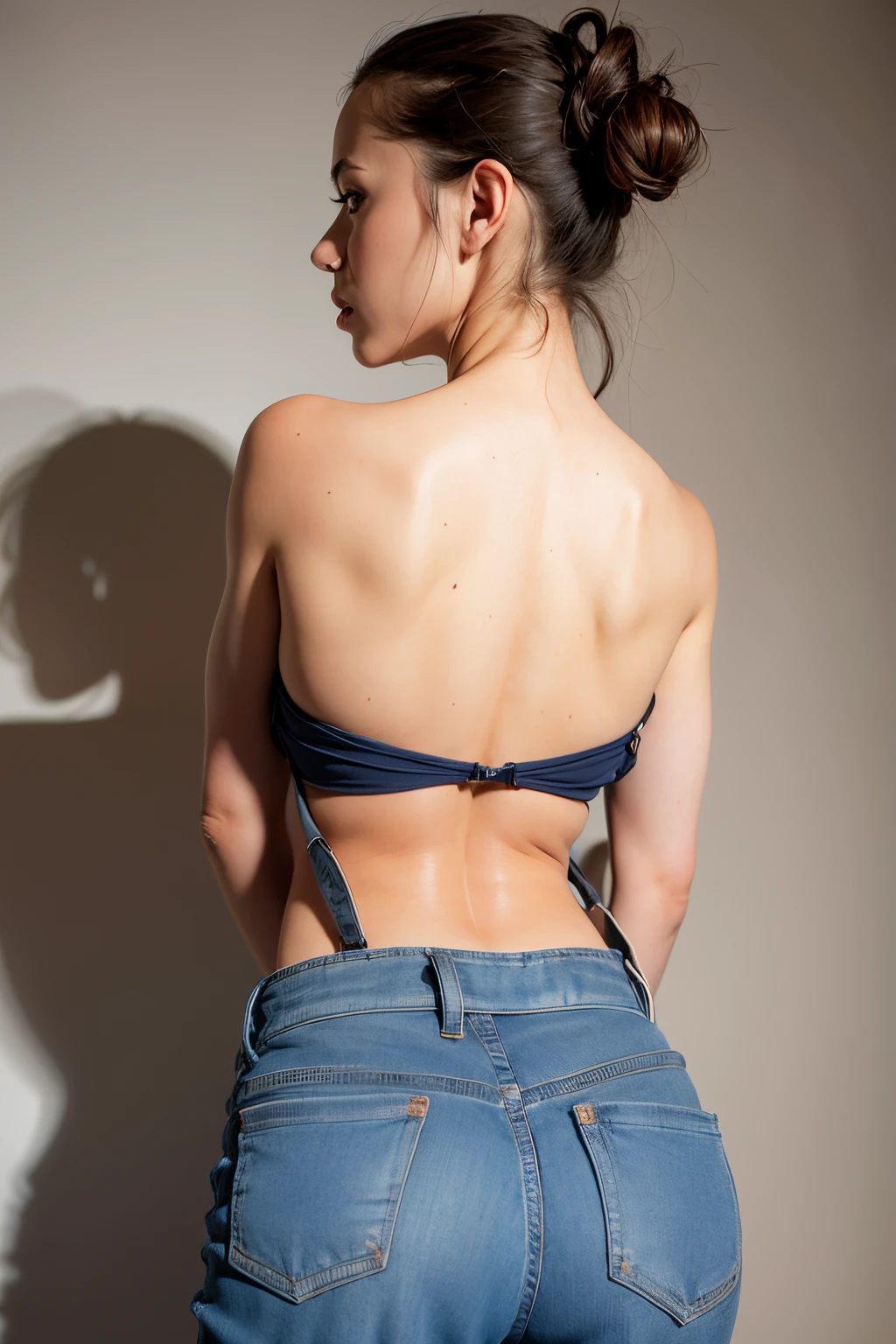Side view of woman's back,woman wearing suspenders,The hair is coiled,Arafad woman wearing a strapless tube top and a top that shows off her back, Bare third of back, back stance, showing her shoulder from back, photo of slim girl model, Back view of thin female artist, posterior view, The arms are naturally vertical and downward, Wear blue shorts, posterior view, rear-shot