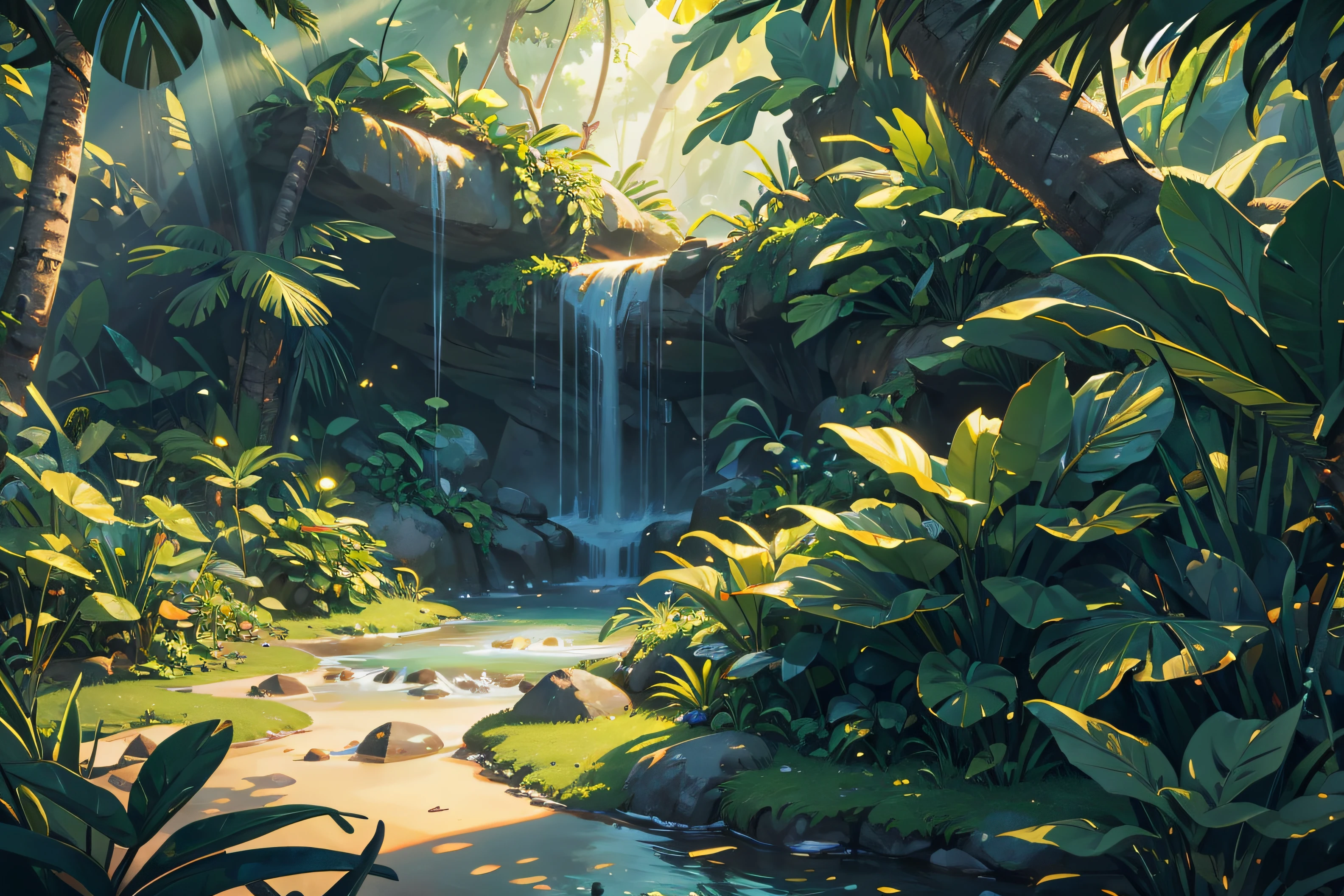 (illustrations : 1.0), Epic composition, photorealistic lighting, HD detail, ​masterpiece, Best quality at best, (Highly detailed CG integrated 8k wallpaper) , jungle area, jungle