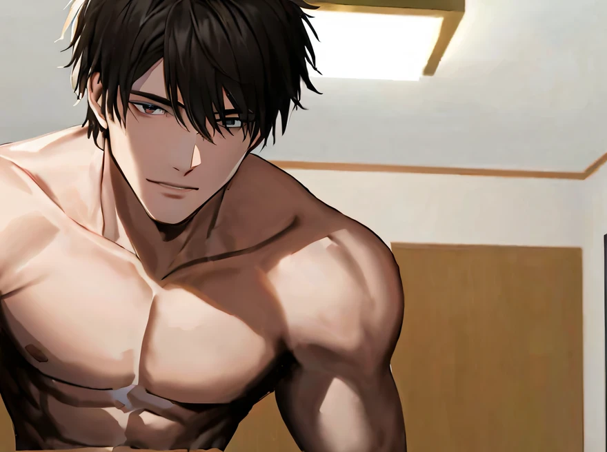 Angle from below,male, 30 years old,male1 person、,Adult,A sadistic atmosphere,Black Hair,Sharp Eye,Lewd Eyes,Take off your shirt,Face close-up,sweating,,smile,Background: dark sex room, intimate lighting, imminent sex, muscular, athletic build, bara, shirtless, lewd, horny look, pectorals showing, abs showing, sleeveless, no tie, one arm reaching to viewer, dark lighting, black thong, very sweaty, bdsm, naked, wet body, strong muscular back, strong muscular chest, contrasting light, dark room, tears, tear drops, condesation on skin, many droplets on skin, sweaty abs, sweaty chest, angle looking up at ceiling, square ceiling light, dark background, sexy torn white undershirt