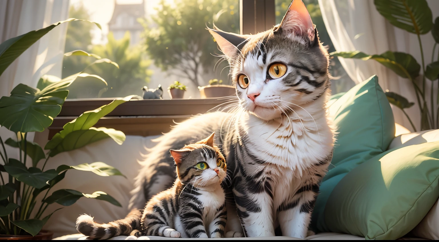 scottish fold cat,cat looking out the window,beautiful detailed eyes,playful expression,adorable curled-up ears,fluffy fur,soft and warm lighting,cute paws,sunlight streaming in,gentle breeze,curtains gently moving,peaceful atmosphere,cozy window seat,majestic whiskers,sunlit garden,lush green plants,colorful flowers,tranquil scene,domestic bliss,comfortable cushion,faint chirping of birds,relaxed and content cat,serene backdrop,dreamy color palette