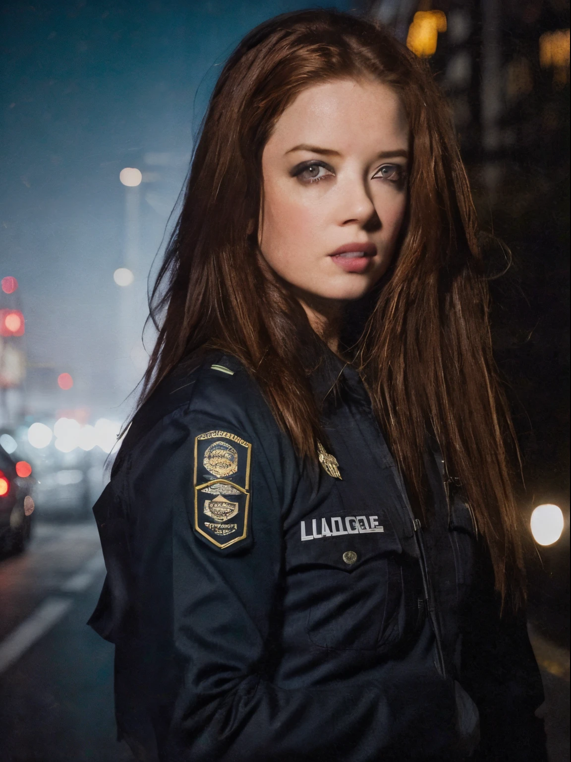 los angeles city street, (night time), (dark lighting:1.25), (LAPD uniform), (long sleeve police uniform:1.0), (long straight hair), serious expression, frown, (photorealistic:1.2) (best quality) (detailed) (intricate) (8K), (cinematic lighting:1.2), sharp details