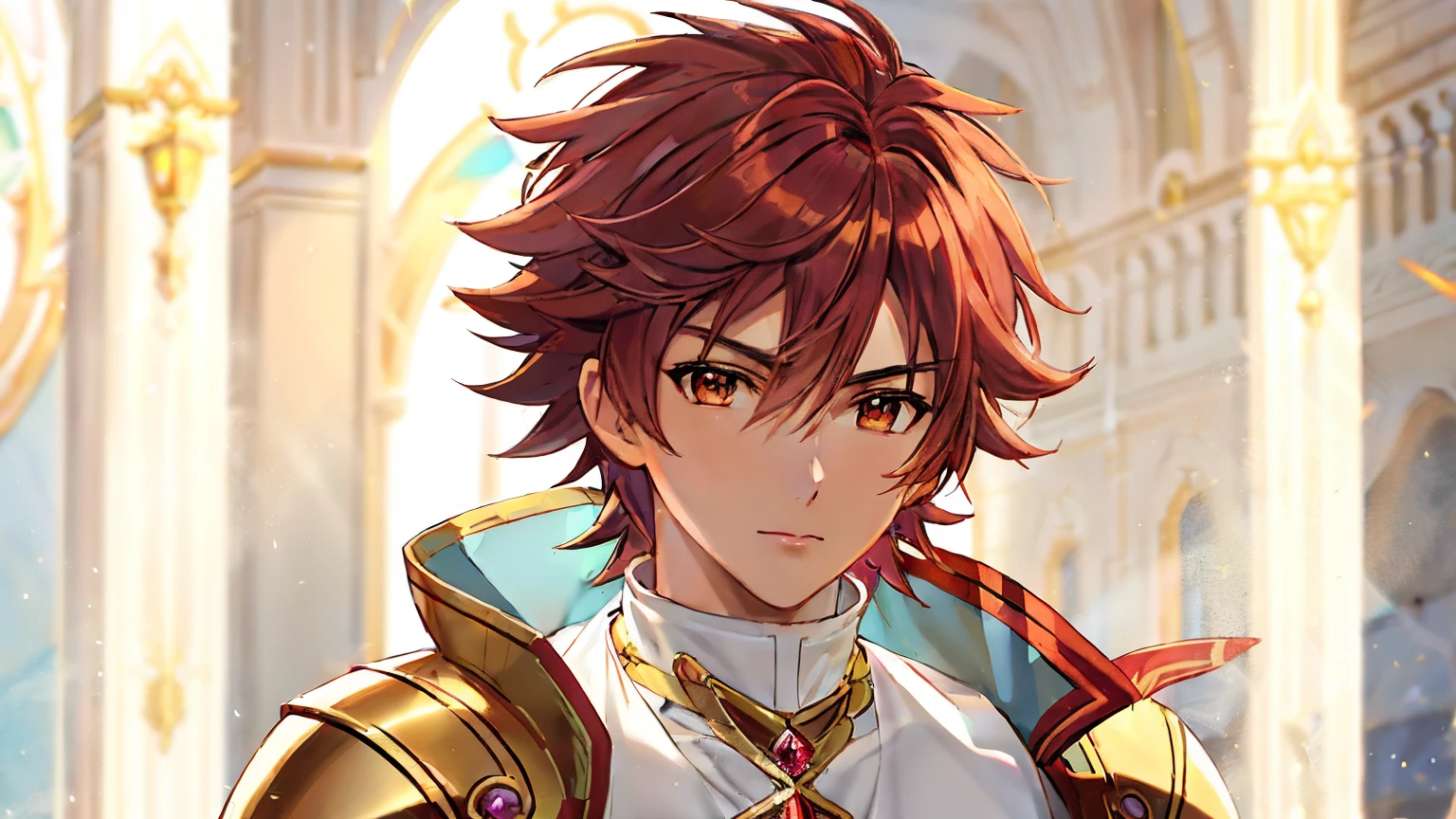 Close-up of a man in a white dress costume holding a sword, Knight of Zodiac Boy, Portrait Knight of Zodiac Boy, Boy with short red hair, Boy with brown eyes, Muscular men, masculine and muscular, Shining ruby armor, Enchanting Prince Night, Dressed in light armor, Dress Armor Boy, Shiny ruby armor, Galactic Prince, Crystal Ruby Armor, Hymns to the King as a Prince, High quality anime art style, smooth anime cg art, Prince Knight, digital manga art, Magical Boy Anime Mahou Shōnen, Prince of Ruby, Ruby reflective armor