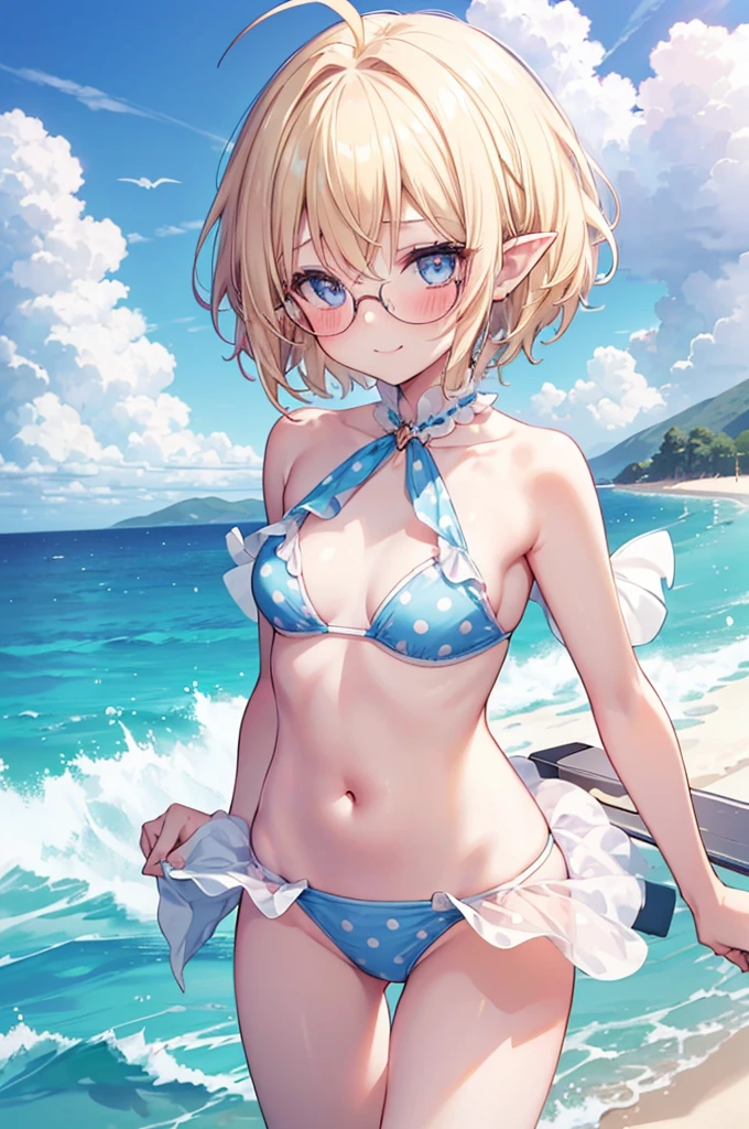 ultra detailed, best quality, high resolution, 1girl, looking at viewer, (()), pale skin, petite, (blonde hair), (very short hair), (ahoge:1.3), (glasses), pointy ears, (blush:1.3), blue eyes, medium breasts, cowboy shot, seductive smile, polka dot white bikini, pool, sunlight, windy, sunny, hair band