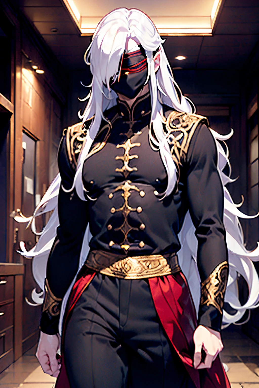 Anime - stylistic image of a man with long white hair and four eyes on his face., A man with white long hair stands half-turned and looks at the camera., ((tmasterpiece)), ((beste-Qualit, hight resolution, ultradetailed), bright colours, ((((1 male)))), Male character, grown up, tall muscular guy, wide shoulders, Strong Character, Fantasy, dnd, person, red-eyes, albino, covered eyes, blindfold, blind, covered eyes, Mask on the whole face, face mask, The Albino Man, Pure White Long Hair, White long hair (hair above one eye), (big hair), white colored hair, slick hair, straight hair, Creating an atmospheric atmosphere, pale skin, macabre, Gloomy design, Has red smoke and aura, eldritch, Creepy, nightmarish, light around the head, Additional lighting, Against the background of the sky, Beautiful and harmonious scene, Exquisite animation, Rich Details (width 672), hiquality, Четкость 4K, 4K Art Wallpaper, Stunning Anime Landscape, 8K Artistic Wallpaper, Anime style beautiful sky scene with star and planet., cosmic skies. makoto sinkai, Anime Art Wallpapers 4K, in a white kimono, looks at the viewer, canny smile, smirk, muscular back, Men's Back, white-haired god, White silk garment, Gold Pattern