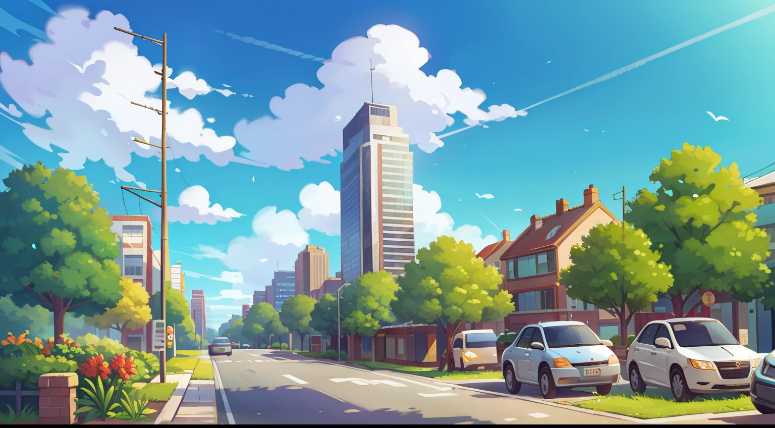 City roadside，The tree，with blue sky and white clouds，tall house