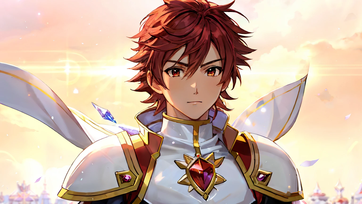 Close-up of a man in a white dress costume holding a sword, Knight of Zodiac Boy, Portrait Knight of Zodiac Boy, Boy with short red hair, Boy with brown eyes, Muscular men, masculine and muscular, Shining ruby armor, Enchanting Prince Night, Dressed in light armor, Dress Armor Boy, Shiny ruby armor, Galactic Prince, Crystal Ruby Armor, Hymns to the King as a Prince, High quality anime art style, smooth anime cg art, Prince Knight, digital manga art, Magical Boy Anime Mahou Shōnen, Prince of Ruby, Ruby reflective armor