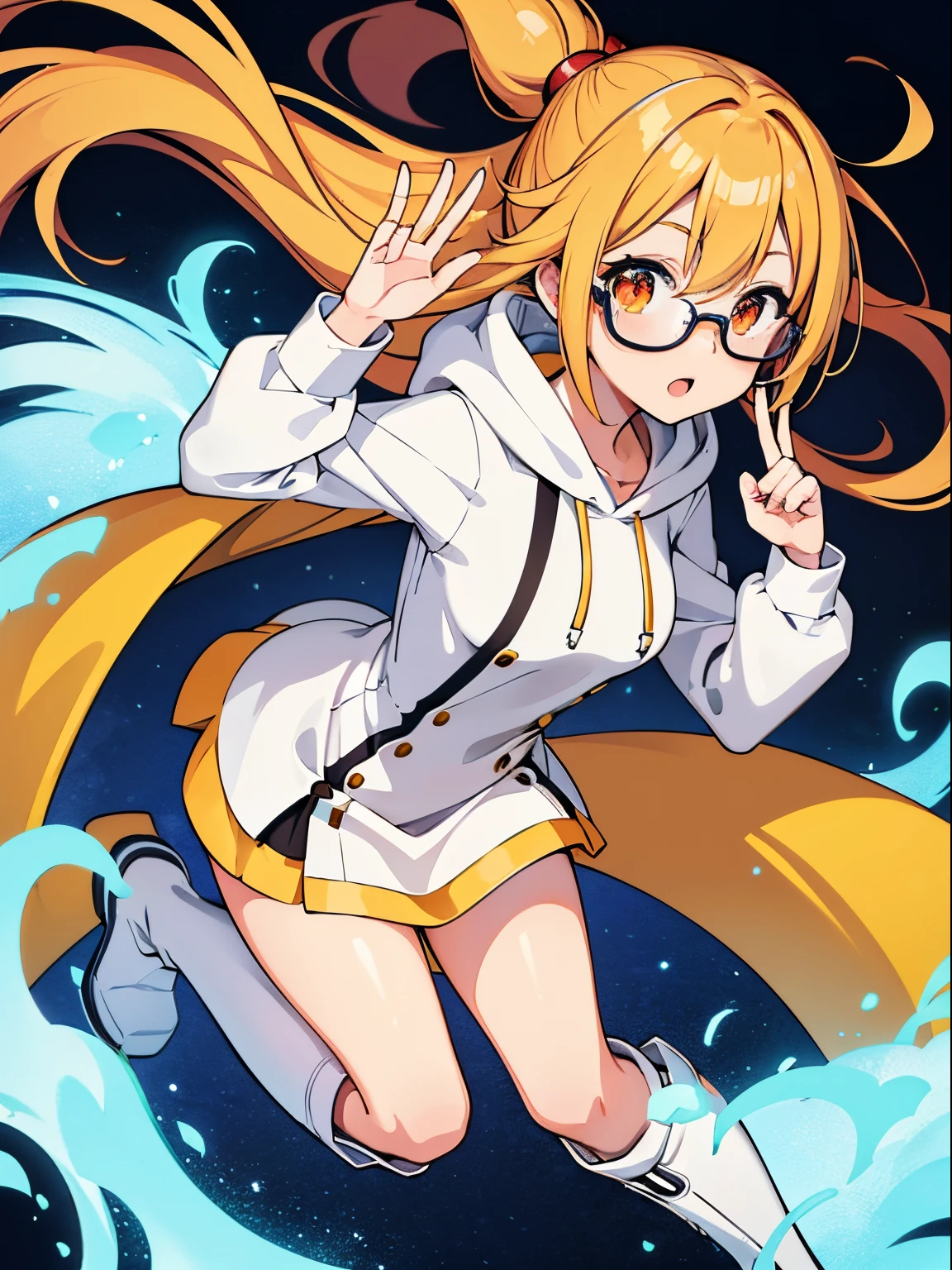 of the highest quality, masutepiece, High resolution, 8K, Hoodies and anime style girls,amiami boots,White base,eye glasses,naturey, detailed line art, Bright white and bright amber style,  Anime Core, Flowing fabric