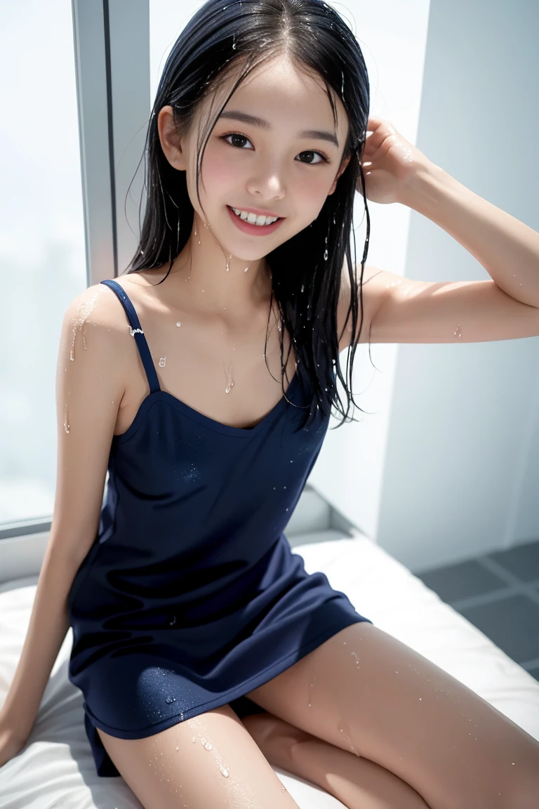 1girl in, (masutepiece:1.1), (Best Quality:1.1)、detailed photo、petite person、(Slimed、small tit、flat boobs、small tit)、sexy  pose:1.2、Wet body、sodden、sexy  pose、Wet body、sodden、A slender、From  above、Delicate and sexy collarbone、16-year-old woman、（Navy Blue Sport Mini Dress）、Painted from head to knee、Show your teeth and laugh out loud