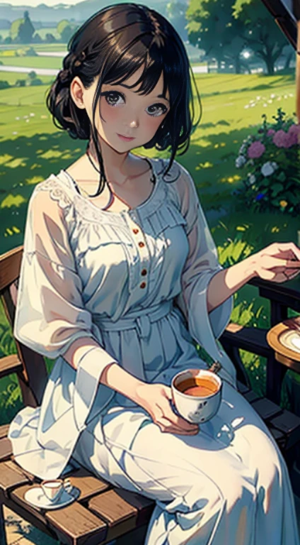 (Watercolor in Sargent style)、(top-quality、masterpiece)、Soft light、View of the Cotswolds,Old farmhouse、rivulets、place々flower bloom、Create an ethereal scene in a calm morning misty meadow。Draw delicate and blurry brushwork、Enhance the serene atmosphere of the countryside、(1人の女性)、、Woman with dark hair、Short black hair、Braided hair、美丽的面容、kindly smile、tiny chest、White blouse and long skirt、picnic、tea set、drinking a cup of tea、candy、