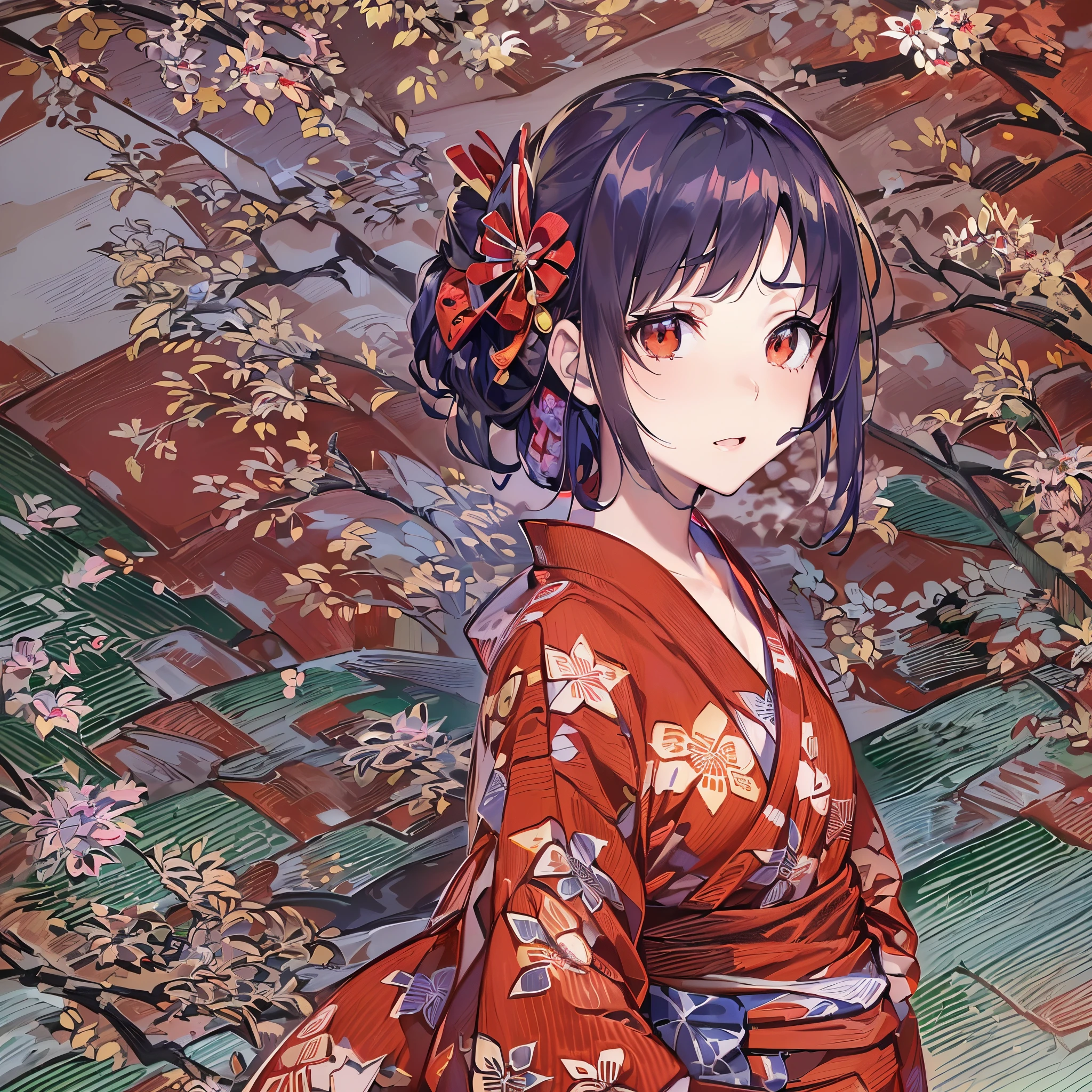 ((Finest quality)),(超A high resolution),(ultra-detailliert),(Meticulous portrayal),((Best Anime)),(Finest works of art),Ultra-Precision Art,The art of astounding depiction,Overwhelming descriptive power:1.5, (1人の女性:1.5),((Akkanbee:1.5),(red pattern yukata:1.5)