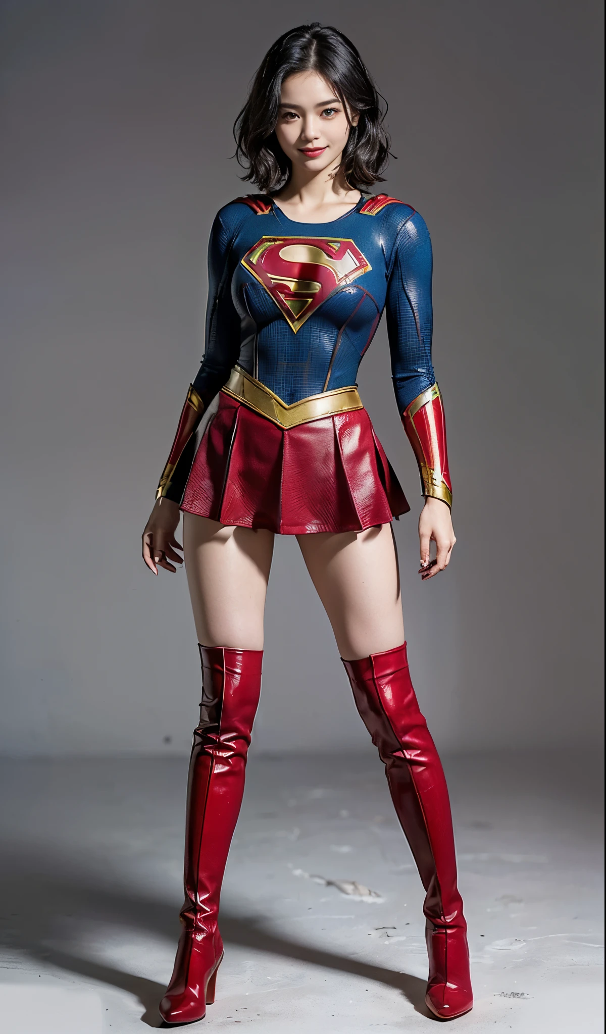 No background、(((Beautiful legs in black tights.)))、(((Legally express the beauty of your smile)))、((((Make the most of your original images)))、(((Body-fitting Supergirl costume)))、(((Supergirl Costume)))、(((Beautiful hair with twin tails)))、(((suffering)))、(((Please wear black tights....、Wear red boots)))、((Best image quality、8k))、((highest quality、8k、masterpiece:1.3))、(((Preserve background )))、Sharp focus:1.2、Beautiful woman with perfect figure:1.4、Slim Abs:1.2、Wet body:1.5、Highly detailed face and skin texture、8k