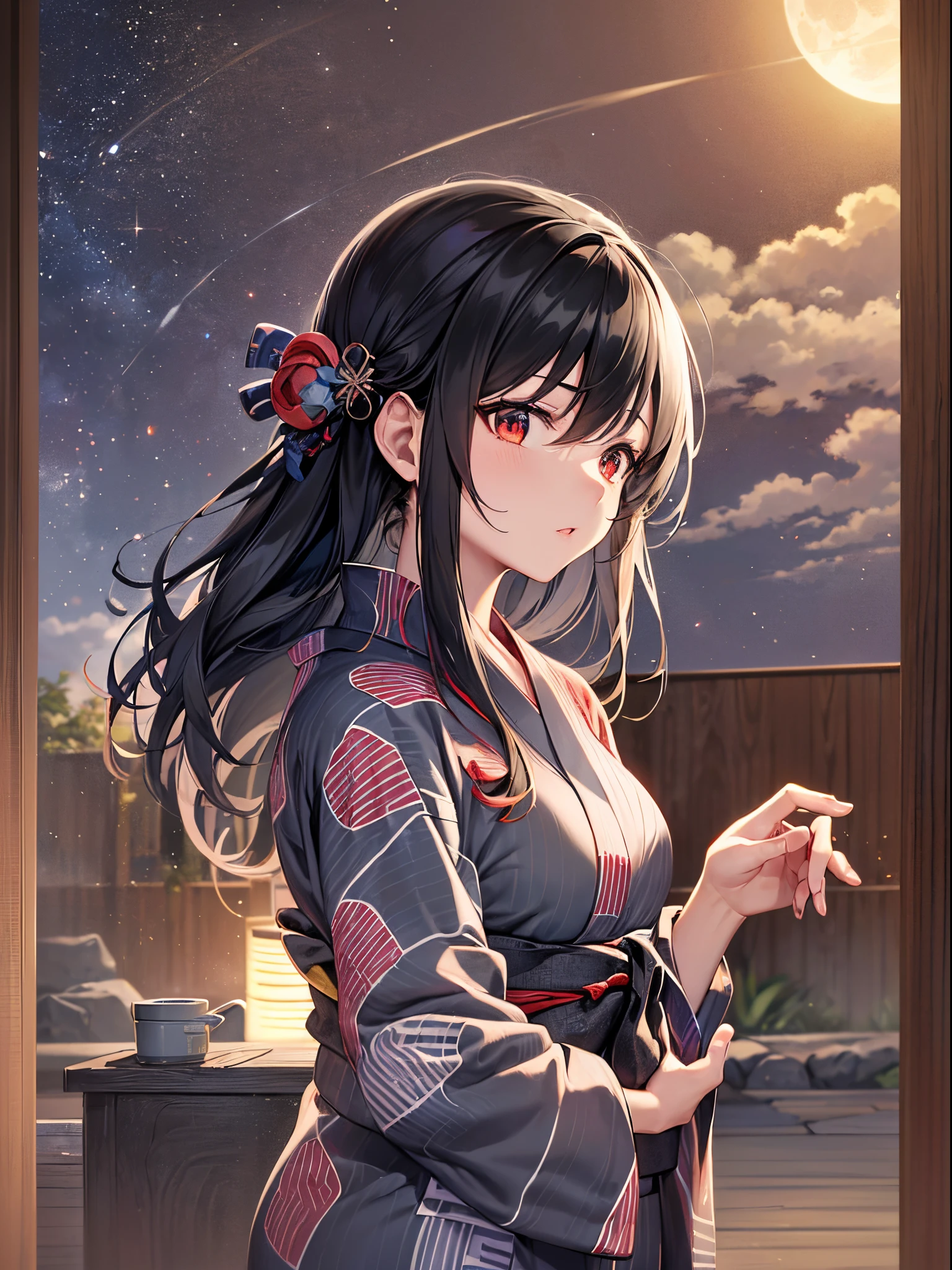 ((Finest quality)),(超A high resolution),(ultra-detailliert),(Meticulous portrayal),((Best Anime)),(Finest works of art),Ultra-Precision Art,The art of astounding depiction,Overwhelming descriptive power:1.5, (1人の女性:1.5),((Tied black hair:1.5),(red pattern yukata:1.5), ghostlights:1.5,a moon,clouds over the moon