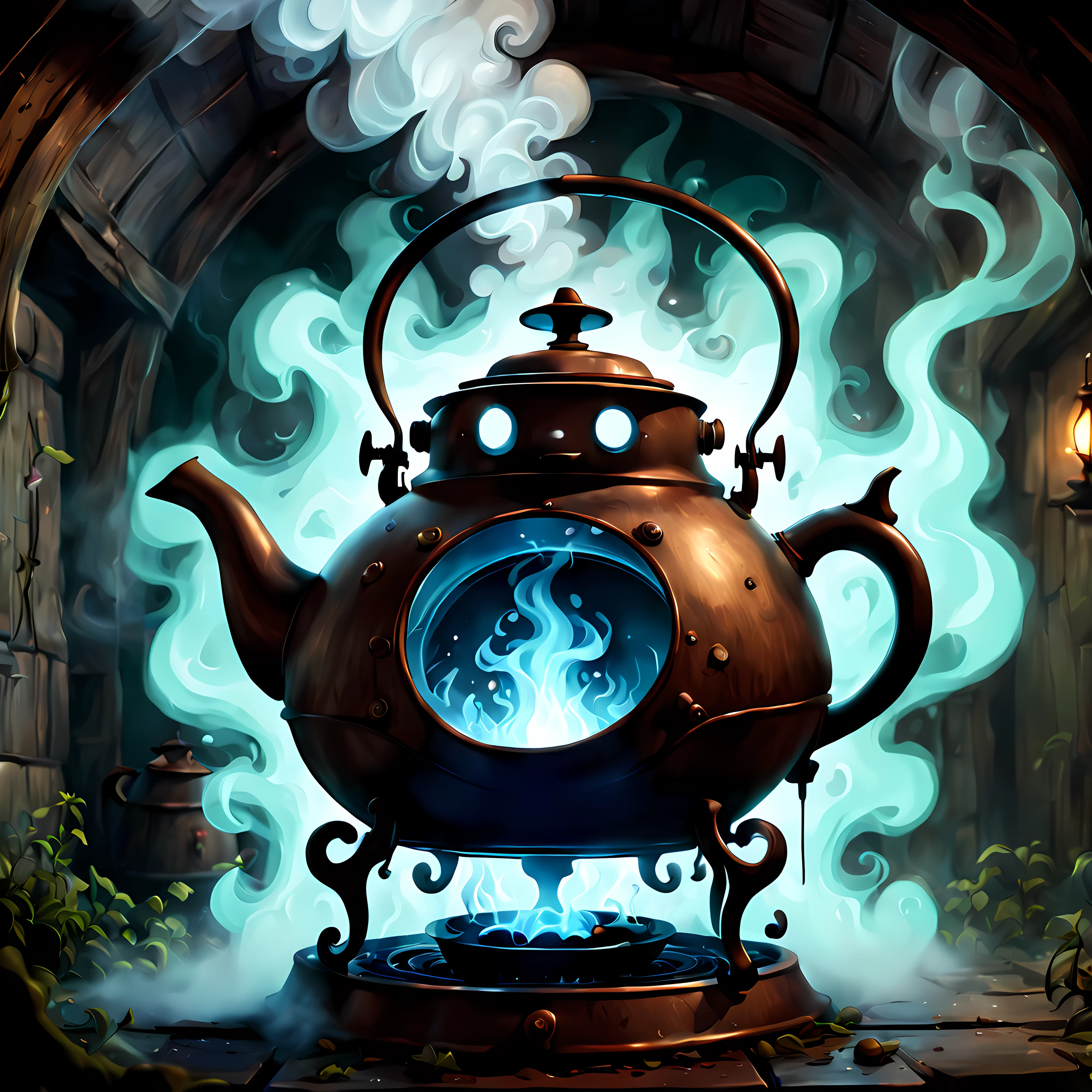 Cute Cartoon, CuteCartoonAF, (cute cartoon style:1.3), (front view:1.3), (close up:1.3), extraordinary and unusual nature of an enchanted kettle, as it releases steam that takes on the form of bizarre and ((otherworldly)) apparitions, an abandoned attic, the sense of mystery, an eerie quality casting shadows, the ethereal steam, extraordinary forms of steam such as fantastical creatures, glowing orbs