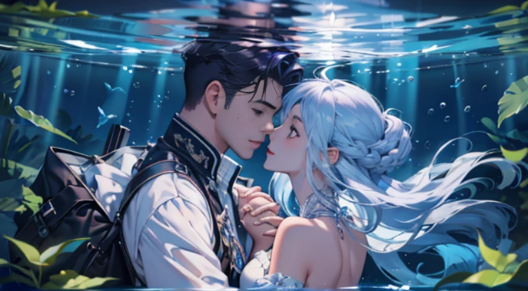 Huge amount of photos，（look from down，under the water），[(a man and a girl)+(the kiss)]，Eau, foam，（Warm light source：1.2），Lots of purple and blue，Plenty of detail，plethora of colors，Fluttering hair, romantic, Holding hands,In the water