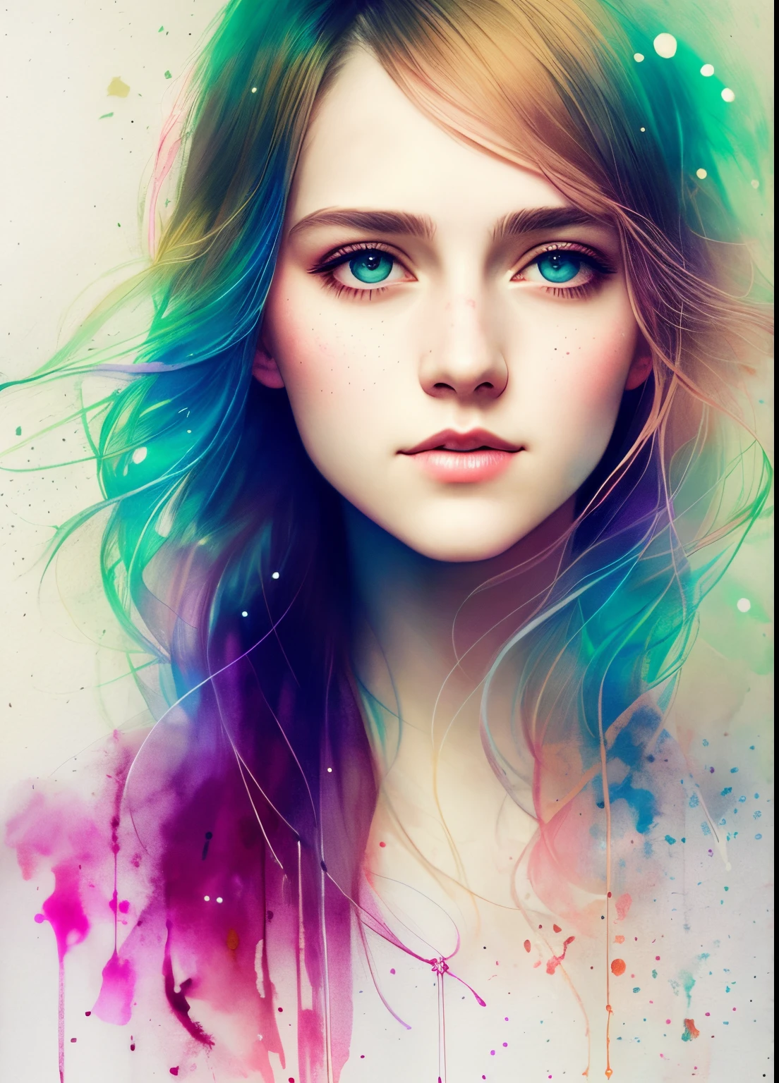 woman with agnes cecile, glowing design, pastel colors, ink drops, autumn lights