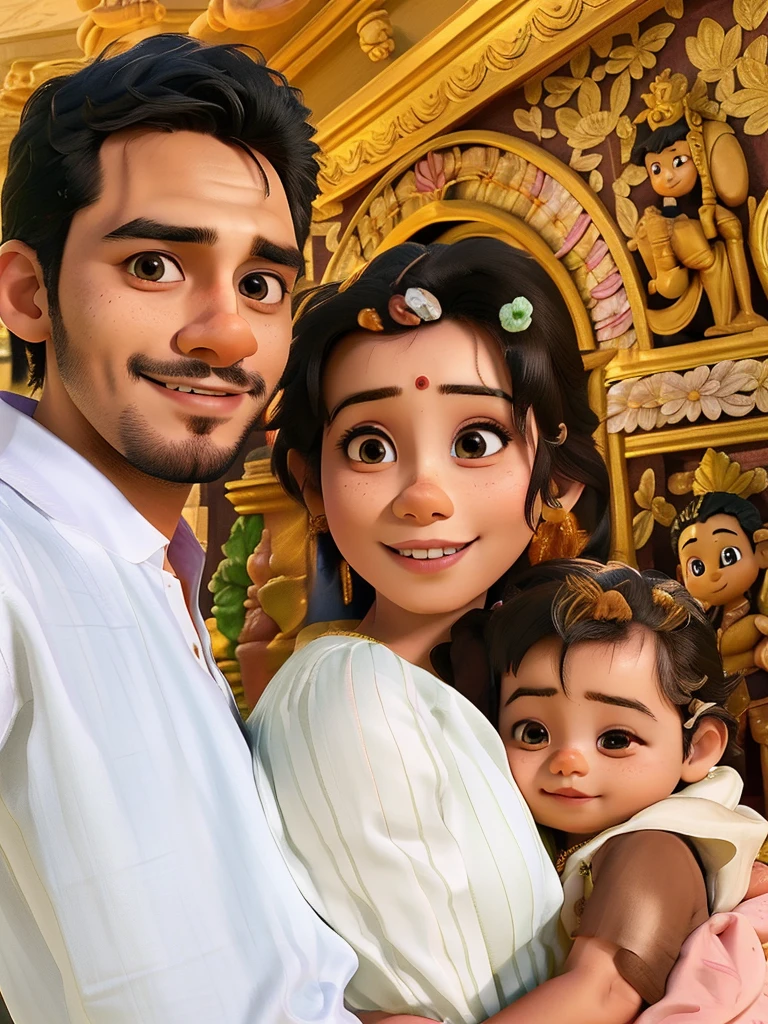 there is a man and woman holding a baby in a room, husband wife and son, happy family, sri lanka, sharandula, facebook post, profile image, portrait of family of three, reddit post, jayison devadas, in a temple, having a time of our un-life, portrait image, with infant jesus, family, trending ,