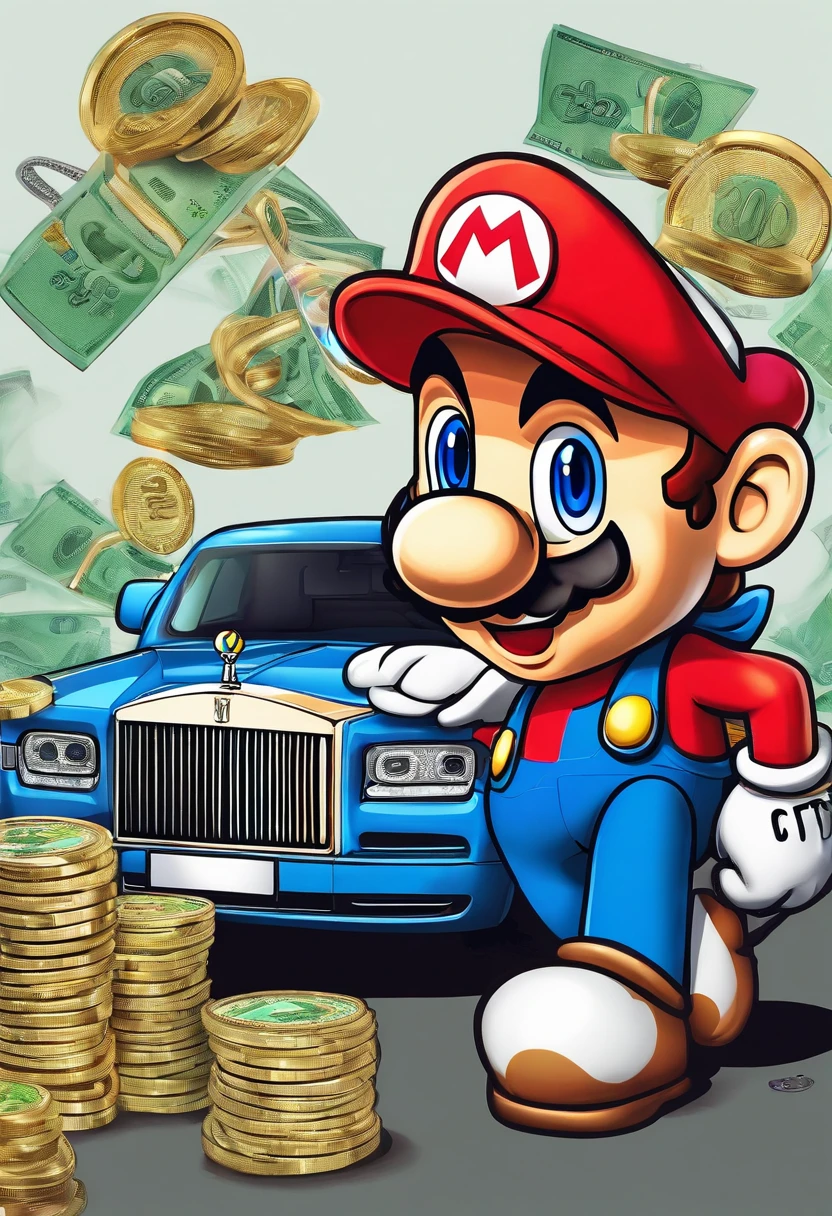 super mario as a hip hop gangster wearing lots of bling standing next to his 2024 Rolls Royce with lots of cash