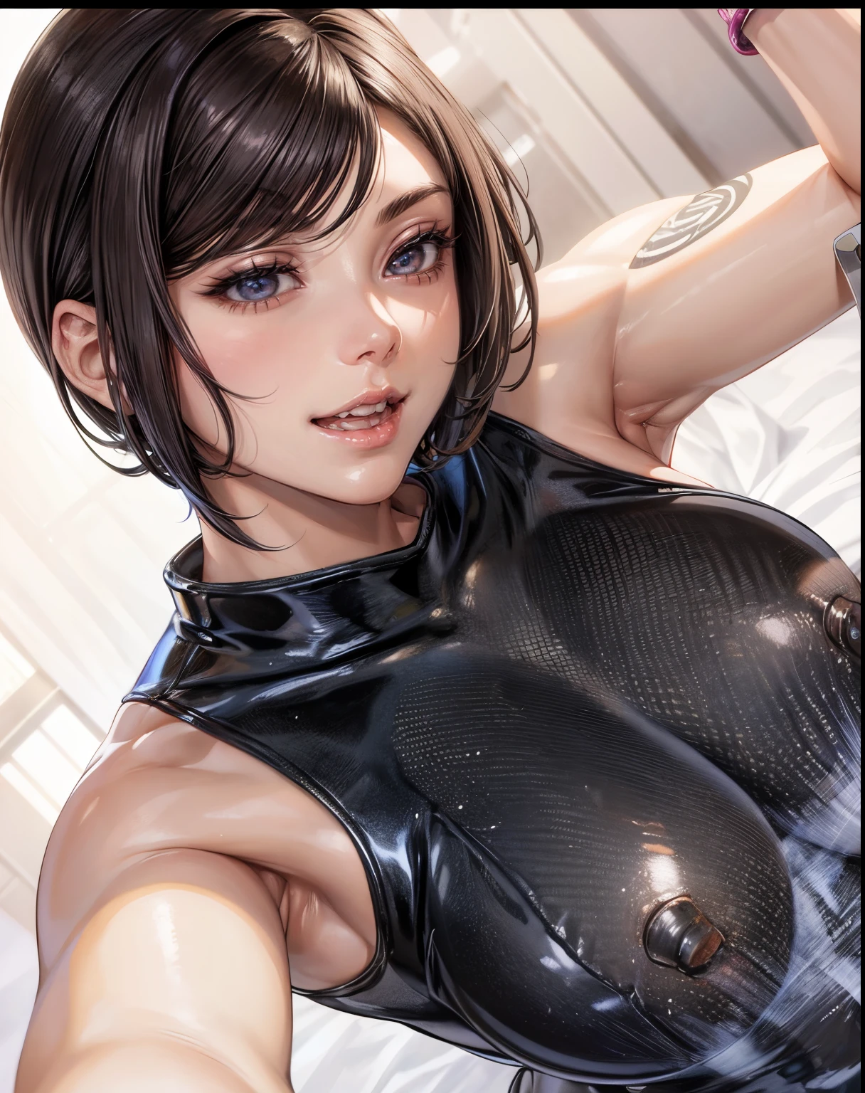 Best quality, 16k resolution, NSFW, anime style,ultra detailed, HD, beautiful tall and mature 25 years old white woman with black hair, bob cut, wearing only a skintight black latex catsuit, large udders, puffy nipples, spy woman, oppai size tit, seductive and sexy, kind and sincere smile, happy face with a seductive and sexy look, thick tights, large cleavage boobs, alone in her apartment room, showing her shoulders and legs, ((arm up)), ((armpit)), selfie