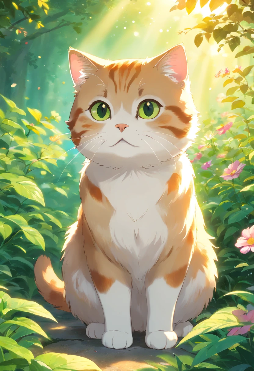 best quality,4k,8k,highres,masterpiece:1.2,ultra-detailed,realistic:1.37, scottish fold cat with round eyes and garden,illustration,botanical garden,beautiful flowers,green plants,playful cat,cute expression,happy cat,curious cat,fluffy fur,cat exploring the garden,vivid colors,warm sunlight,bokeh