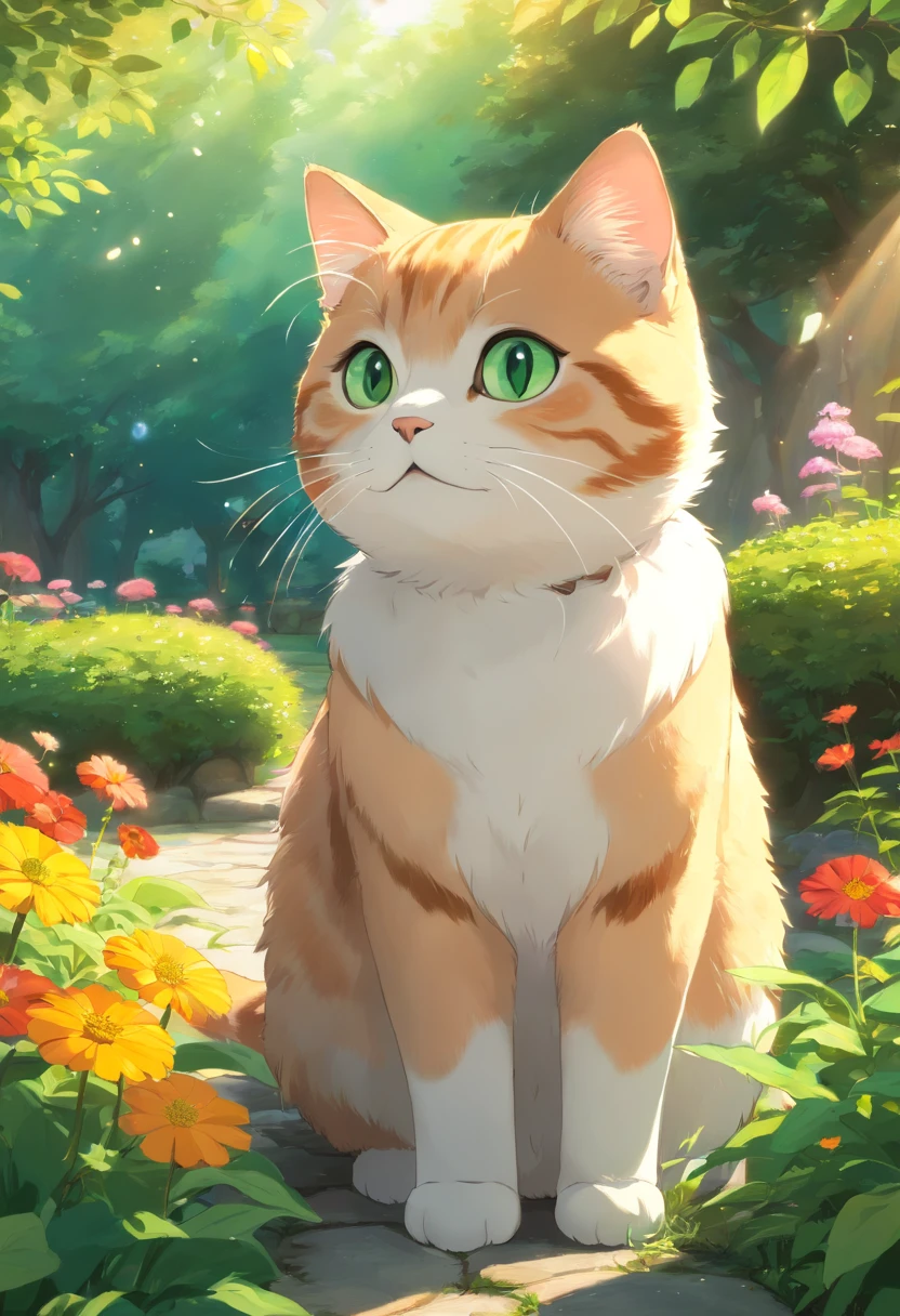 best quality,4k,8k,highres,masterpiece:1.2,ultra-detailed,realistic:1.37, scottish fold cat with round eyes and garden,illustration,botanical garden,beautiful flowers,green plants,playful cat,cute expression,happy cat,curious cat,fluffy fur,cat exploring the garden,vivid colors,warm sunlight,bokeh