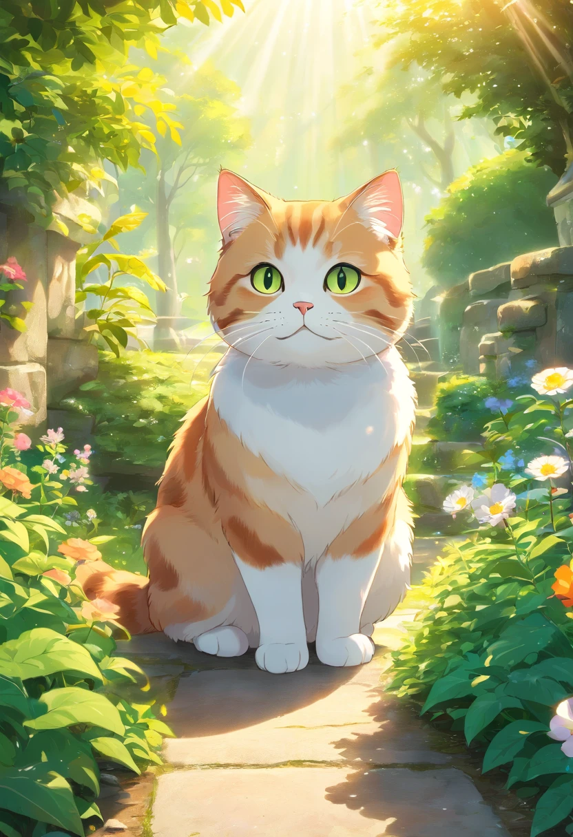 best quality,4k,8k,highres,masterpiece:1.2,ultra-detailed,realistic:1.37, scottish fold cat with round eyes and garden,illustration,botanical garden,beautiful flowers,green plants,playful cat,cute expression,happy cat,curious cat,fluffy fur,cat exploring the garden,vivid colors,warm sunlight,bokeh