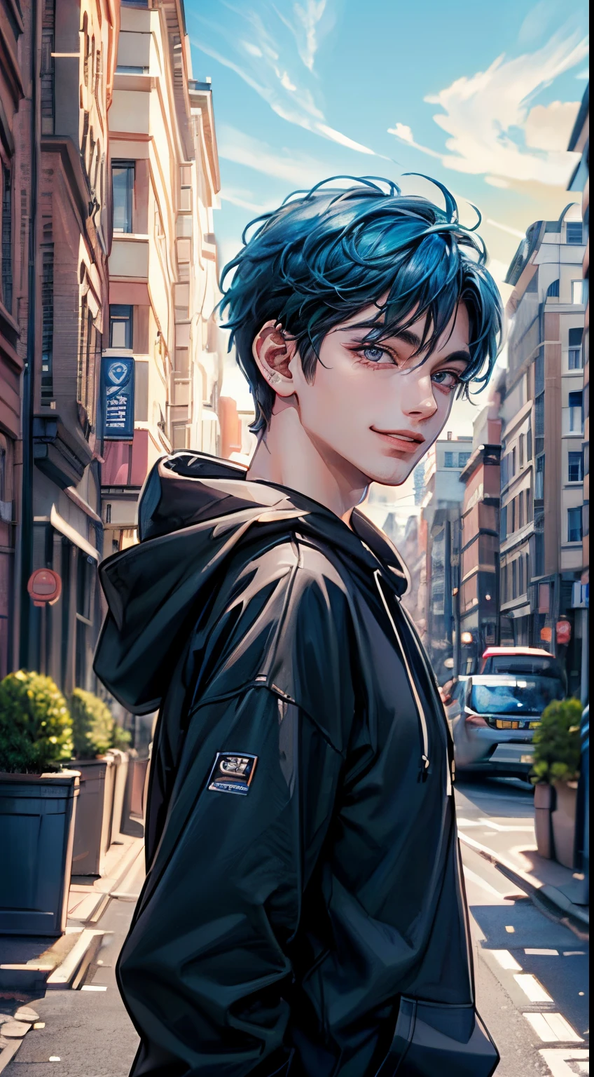 ((4K works))、masterpiece、(top-quality)、One Beautiful Boy、Slim body、tall、((Attractive street style in black hoodie))、(Detailed beautiful eyes)、Fantastic British cities、Daytime city、((Walking through a city in the UK))、((Daytime bright sky))、((Cities in United Kingdom))、((Shot in UK cities))、mid night、((Short-haired bright blue hair))、((Smaller face))、((White eyes))、((American adult male))、((Adult male 26 years old))、((Cool Men))、((Like a celebrity))、((Smile showing teeth and smiling))、((Korean Makeup))、((elongated and sharp eyes))、((boyish))、((Upper body photography))、((Happy dating))、Professional Photos、((Shot alone))、((Shot diagonally from the side))、((Shot in close proximity to him))、((He is walking next to the viewer))、((Focus zoom in)), (((FROM UPPER)))