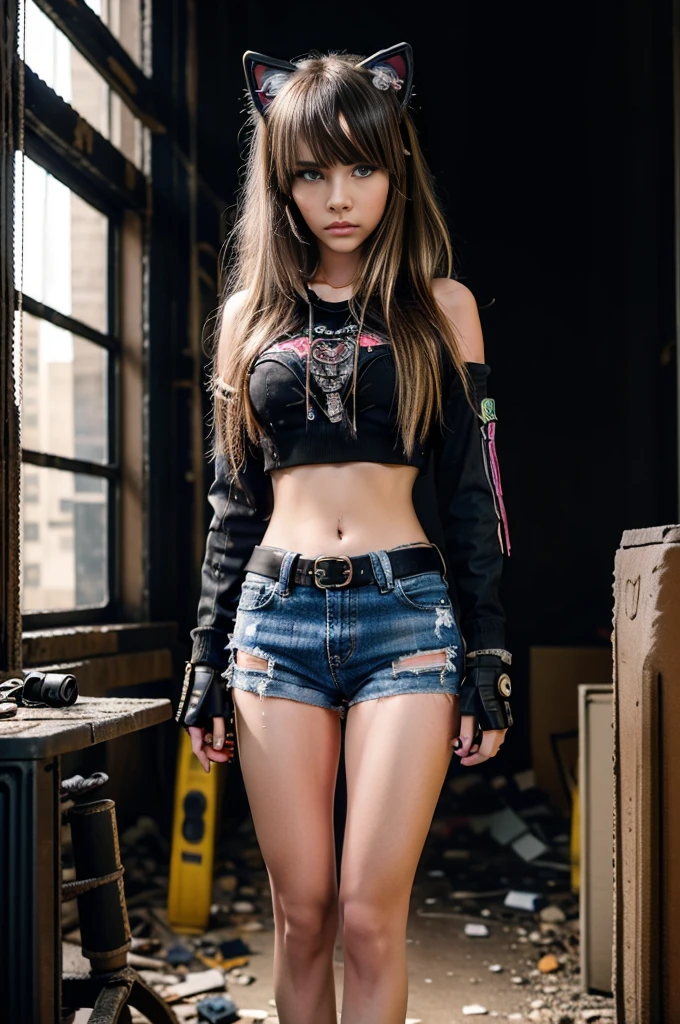 13 year old girl, patches with radioactive emblems, in a apocalyptic ruin with guns next to them, cyberpunk helmets next to them, wearing Cat ears, hand guns on side, ripped clothes reveal part of breast, very short tops show bottom part of breast, one carrying a cyberpunk gun, cyberpunk theme, her top is short showing just the under part of her breasts ((underboob)),