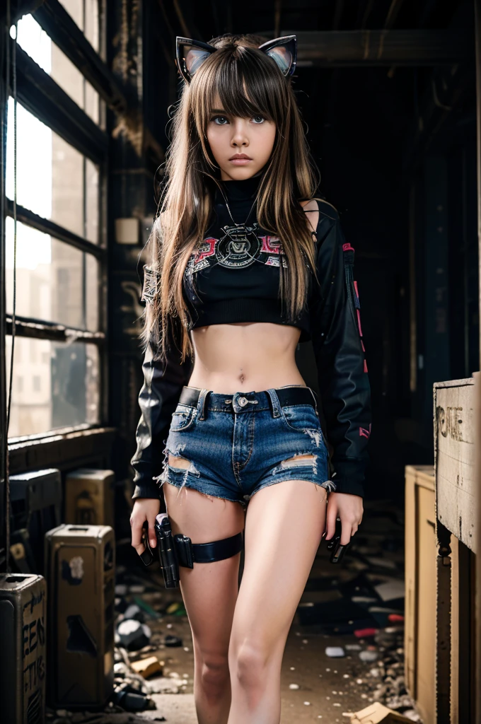  girl, patches with radioactive emblems, in a apocalyptic ruin with guns next to them, cyberpunk helmets next to them, wearing Cat ears, hand guns on side, ripped clothes reveal part of breast, very short tops show bottom part of breast, one carrying a cyberpunk gun, cyberpunk theme, her top is short showing just the under part of her breasts ((underboob)),