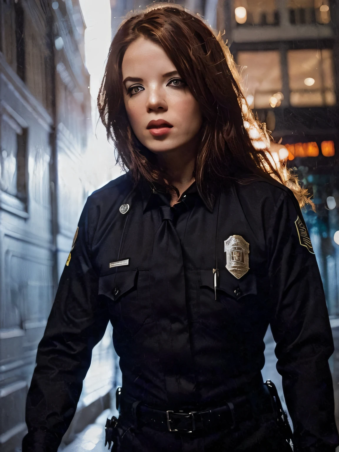 los angeles city street, (night time), (dark lighting:1.2), (LAPD uniform), (long sleeve police uniform:1.0), long straight hair, serious expression, frown, (photorealistic:1.2) (best quality) (detailed) (intricate) (8K), (cinematic lighting:1.2), sharp details