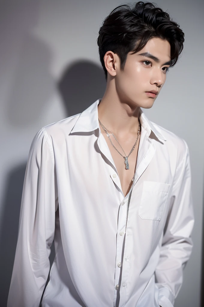 (8K, Best quality, masutepiece:1.2), (Realistic, Photorealsitic:1.5),The boy is in, Cute abs, Sitting, outside,(Smile:1.15), (Closed mouth) , Handsome and delicate eyes, (Translucent shirt: 1.4),full bodyesbian, ((Best quality)),((Ultra-detailed)), Black pants , white shirt,pretty background, Floating hair, Naughty face, (Big Breast), (pretty_) Handsome and delicate figure, Detailed eyes,(Best quality)Close-up of a man wearing a vest and a cross necklace, Cai Xukun, Shin Jinying, Kim Do-young, handsome japanese demon boy, jung jaehyun, South Korean male, Male ulzzang, Inspired by Zhang Han, yanjun cheng, Inspired by Bian Shoumin, Handsome anime pose, handsome and attractive, inspired by Adam Dario Keel