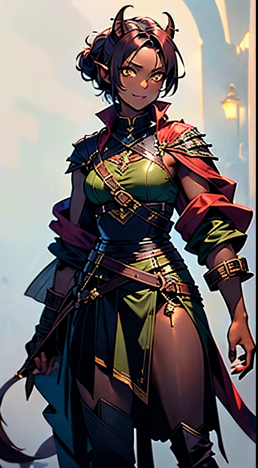 1 girl, game cg, ((red tunic, gold trim)), gray trousers, detached sleeves, fingerless gloves, small breasts, ((red hair)), ((bob hairstyle, shoulder length hair, twin_low_braids)), pointed ears, yellow eyes, smile, outside, night time, castle, historic setting , warm lighting, very tall, (((brown skin))), (muscular), ((broad shoulders, narrow hips)), bare shoulders, shy, hair over left eye , caity lotz , good lighting