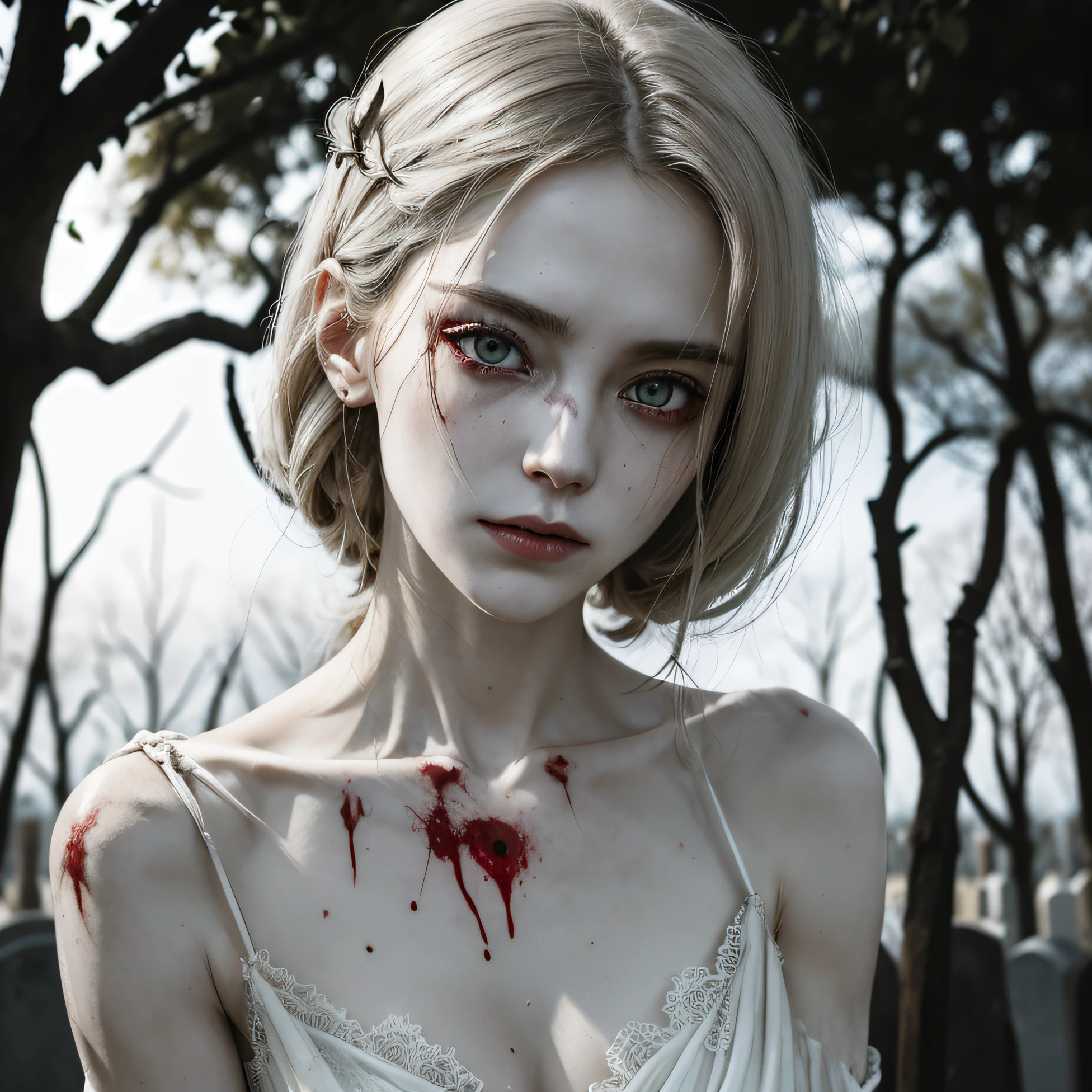 corpse, sinister, female, thin, pale, looking at the camera, ultra realistic, fully detailed, cemetery environment, bright eyes,  stained with blood, bones exposed, putrid wounds, sensual, terrifying, bruised by the body, exposed fracture in the collarbone, slight smile, super detailed, white short hair, blood and wounds, stab wounds on body, dirty clothes