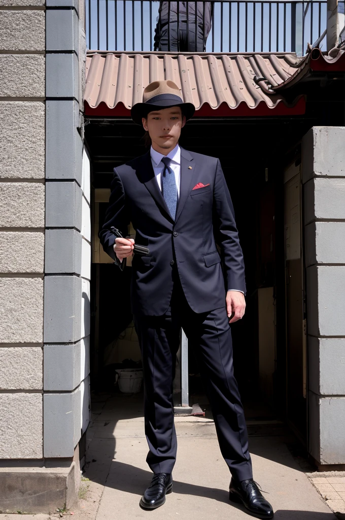 (Best quality at best), (upscales), (Dark), be desperate, suicide, Death lingers in the valley of shadows.raw,Award-winning,电影灯光。European and American men are all very tall,Holding a bloody knife。on the bloody roof,overcast day,bloody suit,trouser,leather shoes。cellshading,the street,blood vessel。terror