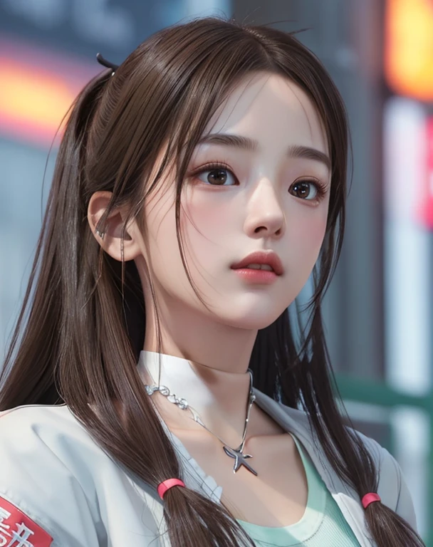 Photorealistic, masutepiece, Best Quality, Raw photo, 1girl in, Solo, Twin-tailed, Brown hair, Detailed face, alluring face, 耳环、sharp eye、a choker、Neon Shirt、Open jacket、croptop, medium breasts, Dynamic Pose, Looking at Viewer, From below, Detailed background, fine detailed, intricate detailes, Ray tracing, depth of fields, lowkey, nffsw