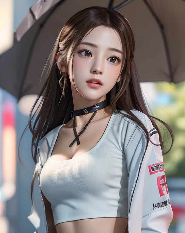 Photorealistic, masutepiece, Best Quality, Raw photo, 1girl in, Solo, Long hair, Brown hair, Detailed face, alluring face, 耳环、sharp eye、a choker、Neon Shirt、Open jacket、croptop, medium breasts, Dynamic Pose, Looking at Viewer, From below, Detailed background, fine detailed, intricate detailes, Ray tracing, depth of fields, lowkey, nffsw