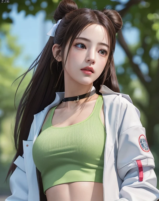 Photorealistic, masutepiece, Best Quality, Raw photo, 1girl in, Solo, Twin-tailed, Brown hair, Detailed face, alluring face, 耳环、sharp eye、a choker、Neon Shirt、Open jacket、croptop, medium breasts, Dynamic Pose, Looking at Viewer, From below, Detailed background, fine detailed, intricate detailes, Ray tracing, depth of fields, lowkey, nffsw