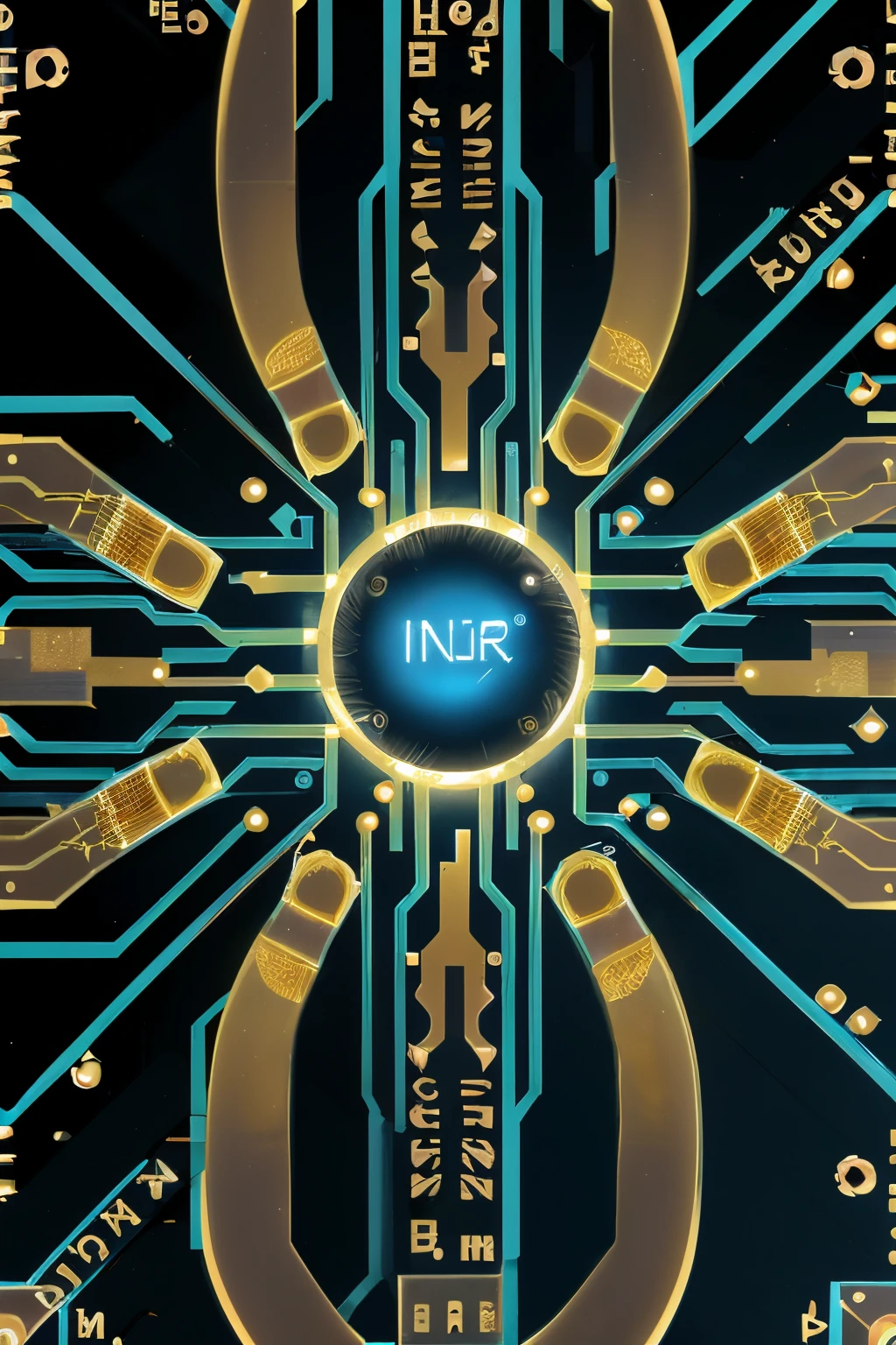 Internet of things futuristic, microcontroller, transparent pcb, golden wire circuit, floating, blue aura, on desk