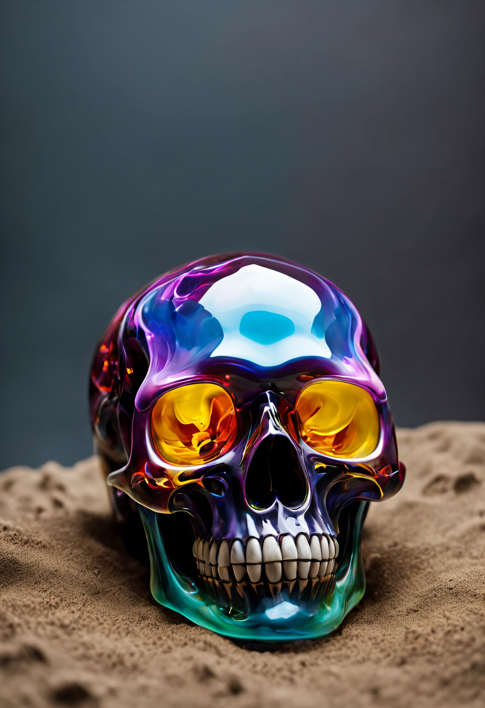A realistic colored glass skull, beautiful and detailed. Which explodes when falling to the ground, the projections are textured like colorful whirlwind sand