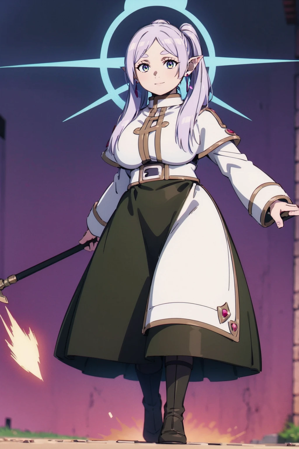 1girl,solo,elf,white hair,grey hair,earrings,pointy ears,long hair,ponytail,green eyes,twintails,parted bangs,thick eyebrows,,, holy magicalgirl, , holy haura, halo,, paladin, sword holding, full body , boots, standing,cute,breast, curvy, female,fantasy goddess,there is a cartoon picture of a woman with a very large breast, glowing angelic being, glowing holy aura, inspired by Luma Rouge, the non-binary deity of spring, ethereal rainbow nimbus, the butterfly goddess of fire, inspired by Mariel, glowing aura around her, astral fairy, as the goddess of the sun, “uwu the prismatic person, big breast, serious, beautiful eyes, , full body, walking, long robe, long dress, ,priestess ,holy, smile, god rays, ray tracing, sparkle, cinematic lighting, UHD, retina, masterpiece, ccurate, anatomically correct, textured skin, super detail, high details, high quality, award winning, best quality, highres, 1080P, HD, 4K, thunder aura, light aura,full, staff holding, determined, long sleevess, long skirt, long skirt,