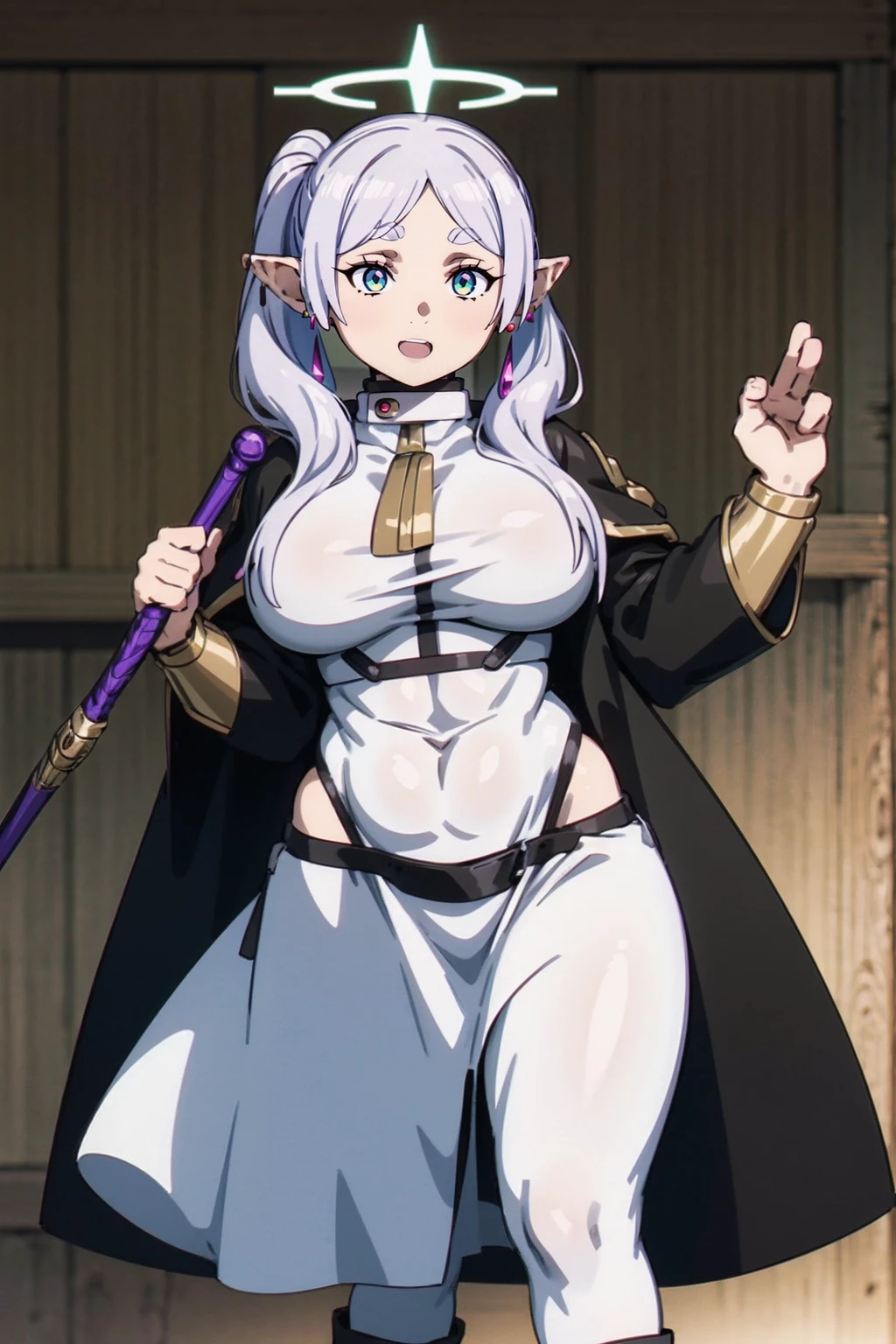 1girl,solo,elf,white hair,grey hair,earrings,pointy ears,long hair,ponytail,green eyes,twintails,parted bangs,thick eyebrows,,, holy magicalgirl, , holy haura, halo,, paladin, sword holding, full body , boots, standing,cute,breast, curvy, female,fantasy goddess,there is a cartoon picture of a woman with a very large breast, glowing angelic being, glowing holy aura, inspired by Luma Rouge, the non-binary deity of spring, ethereal rainbow nimbus, the butterfly goddess of fire, inspired by Mariel, glowing aura around her, astral fairy, as the goddess of the sun, “uwu the prismatic person, big breast, serious, beautiful eyes, , full body, walking, long robe, long dress, ,priestess ,holy, smile, god rays, ray tracing, sparkle, cinematic lighting, UHD, retina, masterpiece, ccurate, anatomically correct, textured skin, super detail, high details, high quality, award winning, best quality, highres, 1080P, HD, 4K, thunder aura, light aura,full, staff holding, determined, long sleevess, long skirt, long skirt,